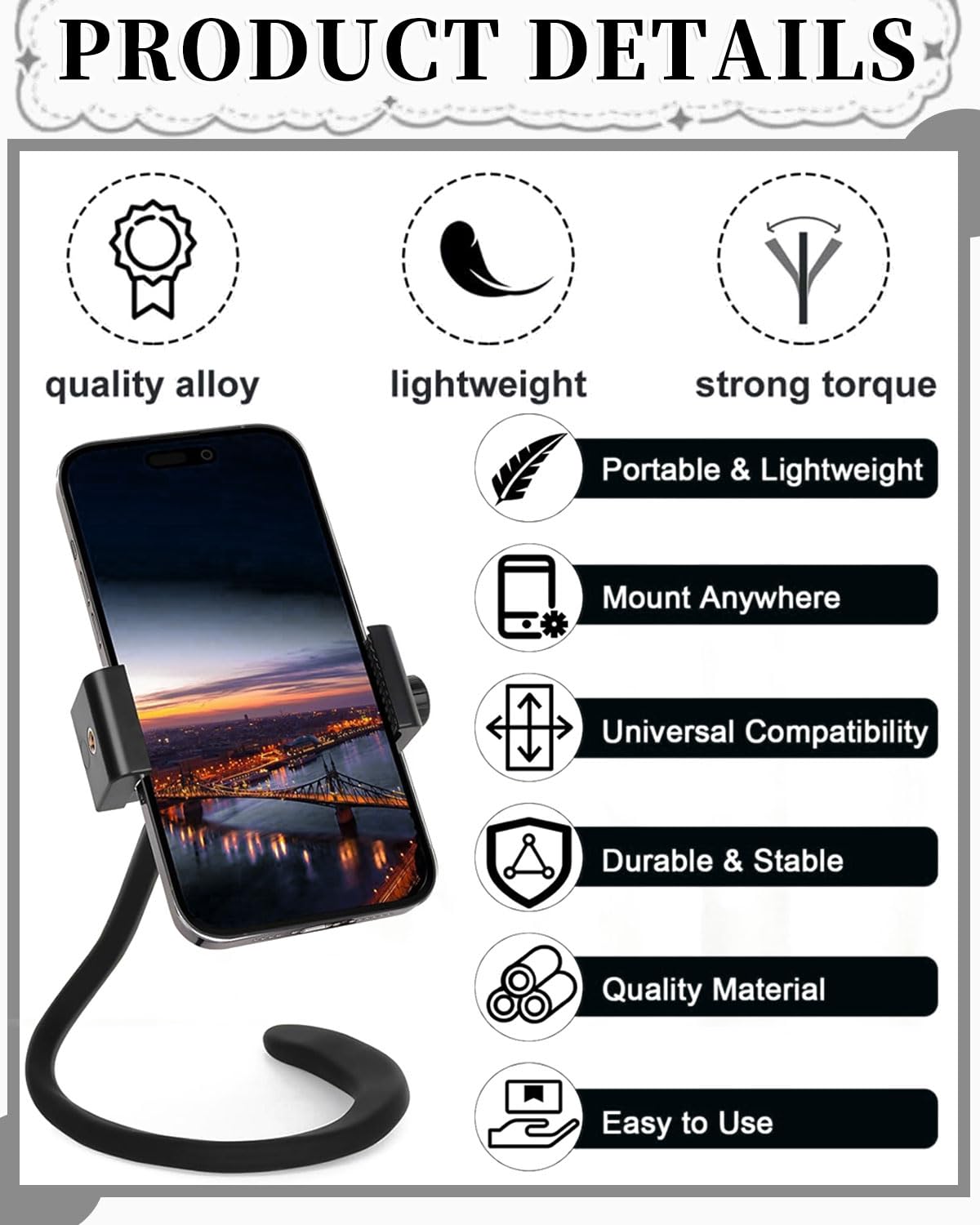 Supporto Cellulare per Passeggino, Flessibile Porta Cellulare per Passeggino con Impugnatura per Braccio Antiscivolo Lega Morbida Morsetto per Telefono per Passeggino Scrivania
