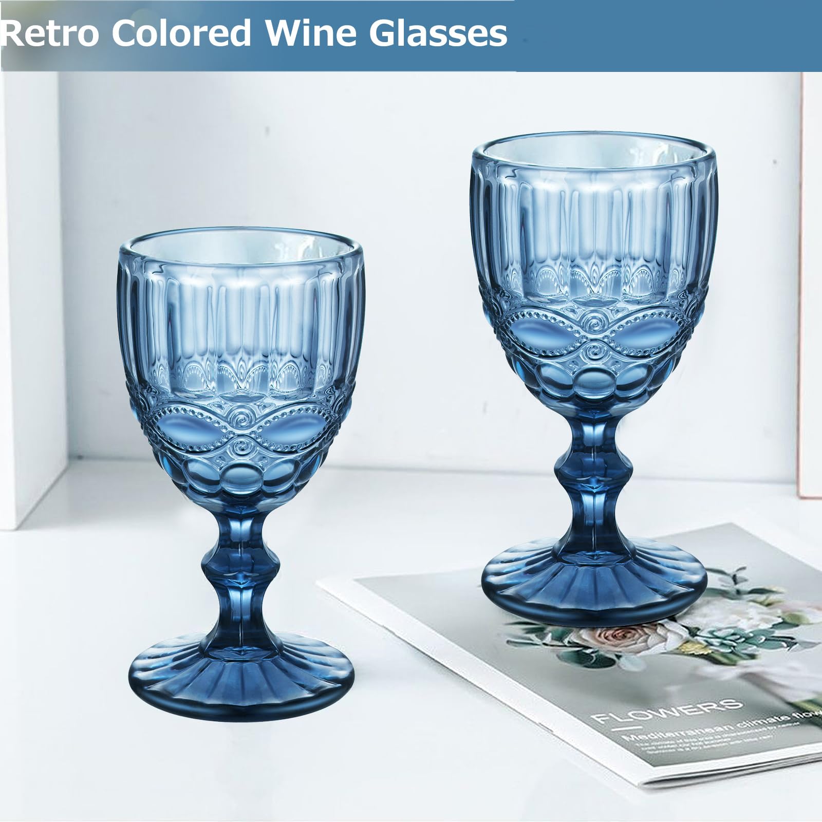 Lot de 6 verres à vin rouge vintage de 300 ml - Verres à vin en cristal - Pour mariage, cocktail, maison, restaurant, fête, Noël - Bleu clair