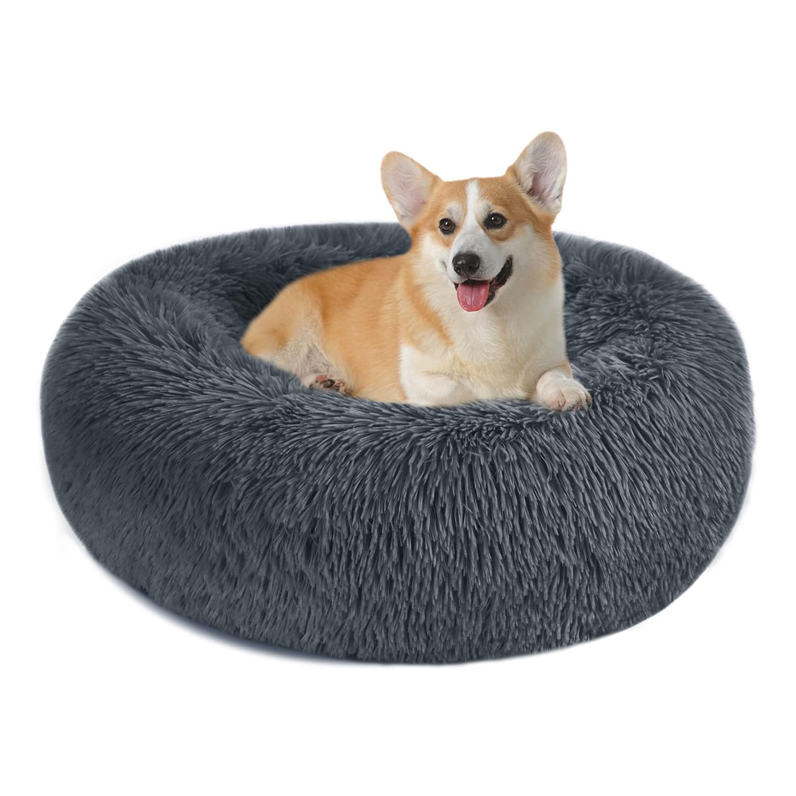 Calming Dog & Cat Bed, Anti-Anxiety Donut Cuddler, Soft and Fluffy Pet Cushion, Self-Warming Luxury Plush Dog Pillow Basket for Small Medium Dogs and Cats Easy Clean Washable,Dark Gray,60cm/23.62”