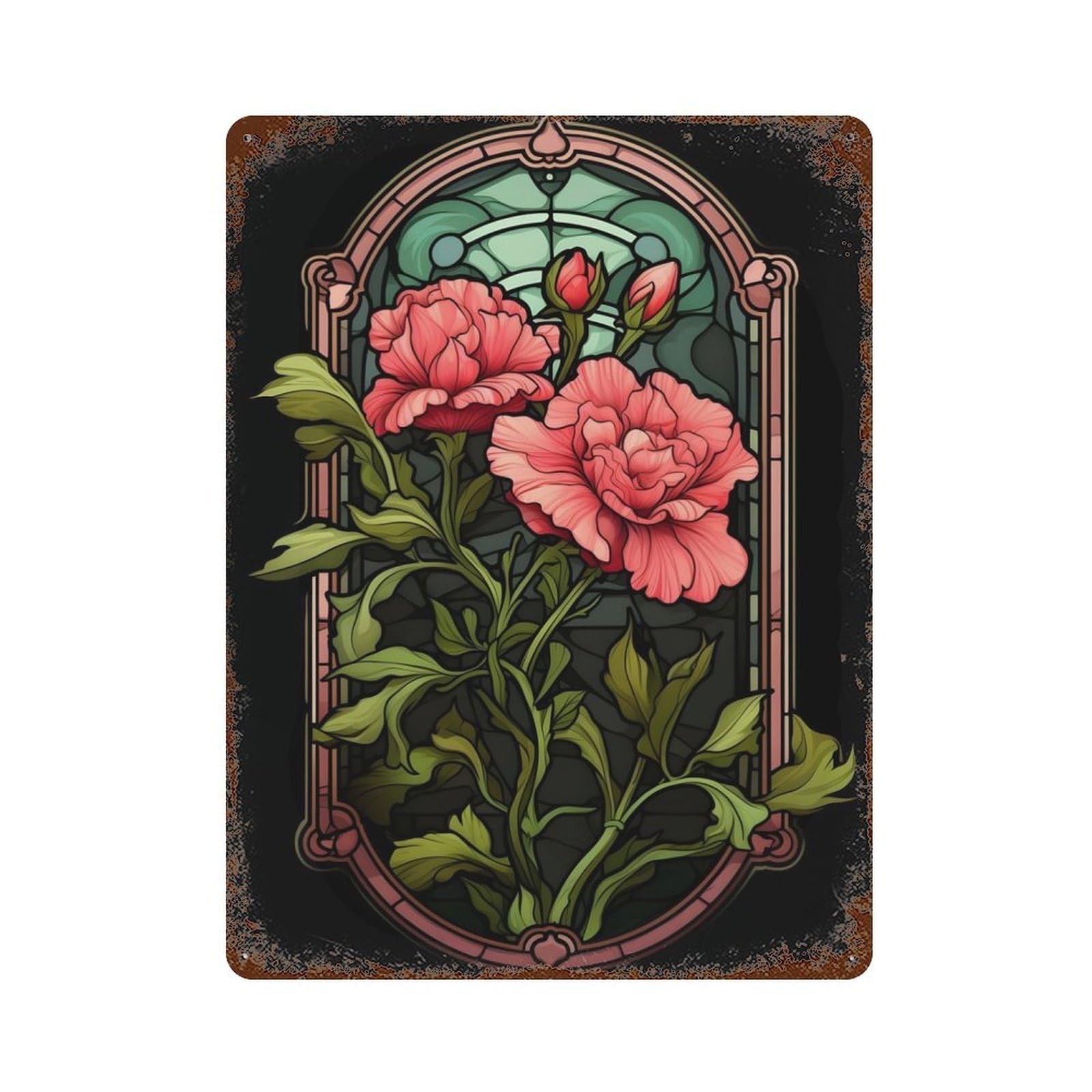 Vintage Rust Metal Sign with Stained Glass Carnation Design 15.7"x11.8", for Shed, Workshop And Garage Wall Decor, Classic Wall Plaque