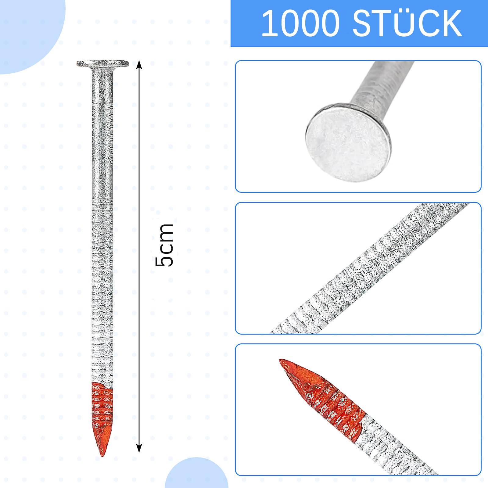 Clavos de marco galvanizados 21°, 2,9 x 50 mm, cabeza redonda, clavos de acero, para uso en hormigón, ladrillo, yeso y madera (1000 unidades)