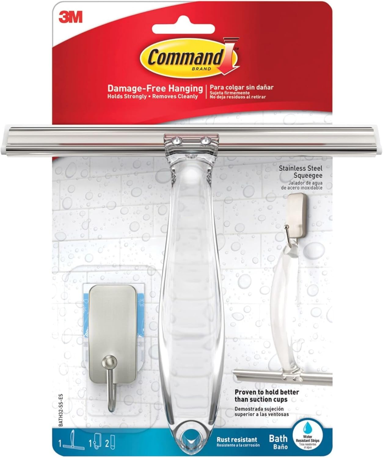 Command Bath Squeegee and Hook [Removable]: Stainless Steel and Satin Nickel (Silver) [2-pack]