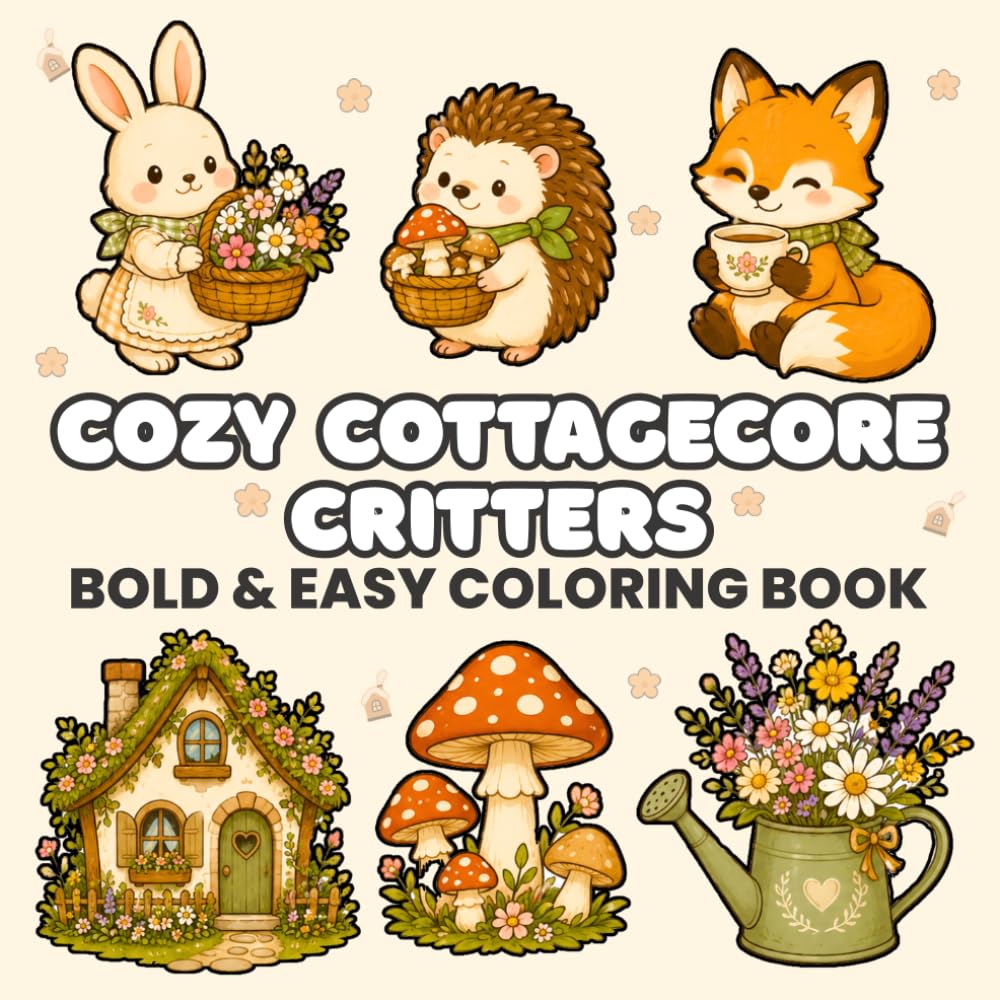 Cozy Cottagecore Critters: Bold & Easy Coloring Book Featuring charming, bold, and easy-to-color illustrations of adorable animals in whimsical ... and relaxing, simple coloring designs.