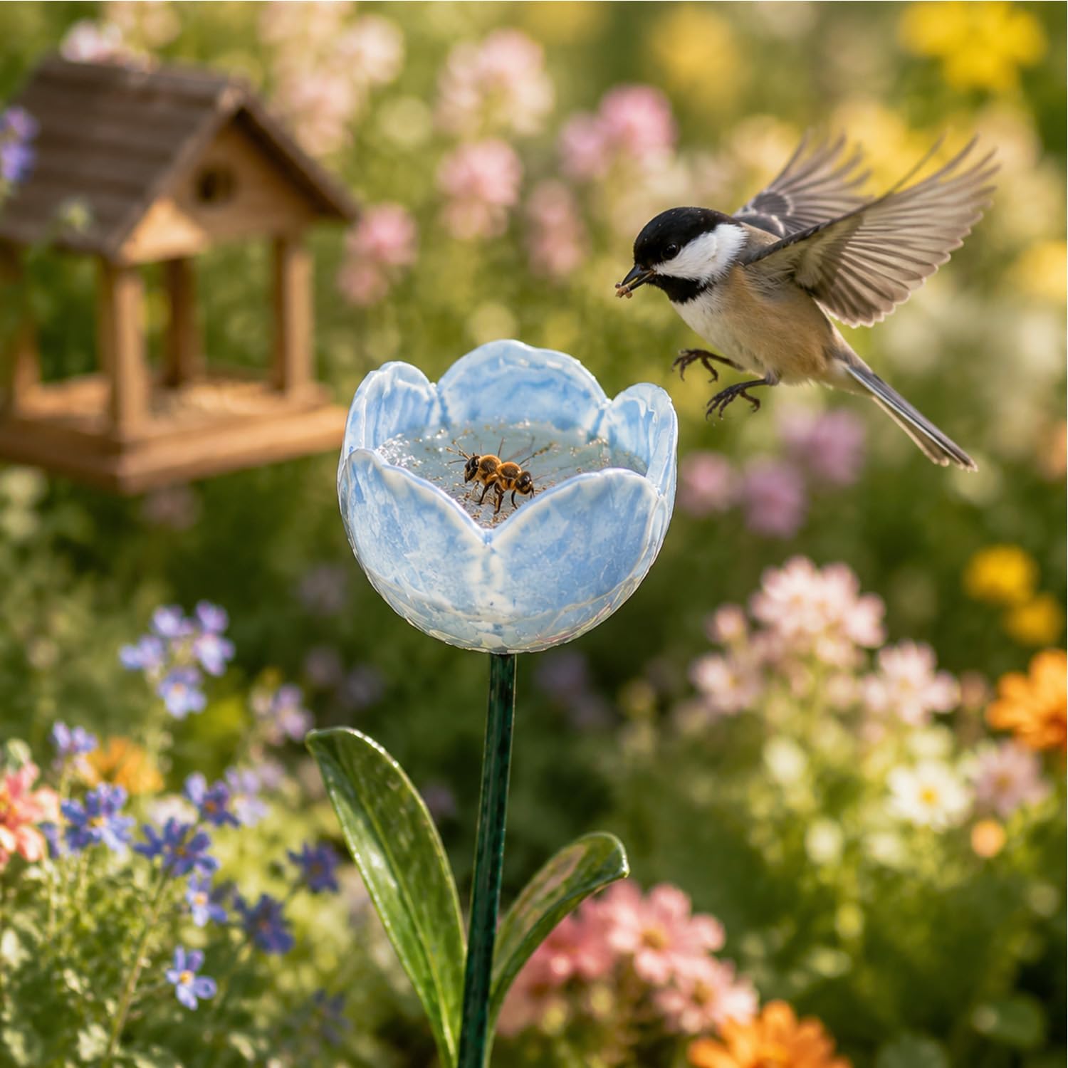 Vasca per Uccelli, Stazione di irrigazione for api in Ceramica for Giardino, mangiatoia for Fiori Fatta a Mano for, Farfalle e Colibrì(RoseLightBlue)
