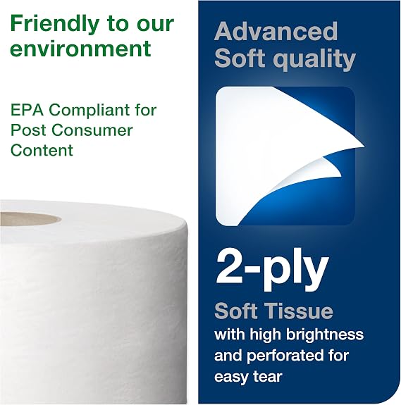 Tork Matic Hand Towel Roll, White With Gray Leaf, H1, 100 Recycled Fiber, 2-Ply, 6 Rolls x 525 ft - 290092A & Mini Jumbo Bath Tissue Roll - Toilet Paper Towels, 12 rolls x 1075, 2-Ply Sheets, White
