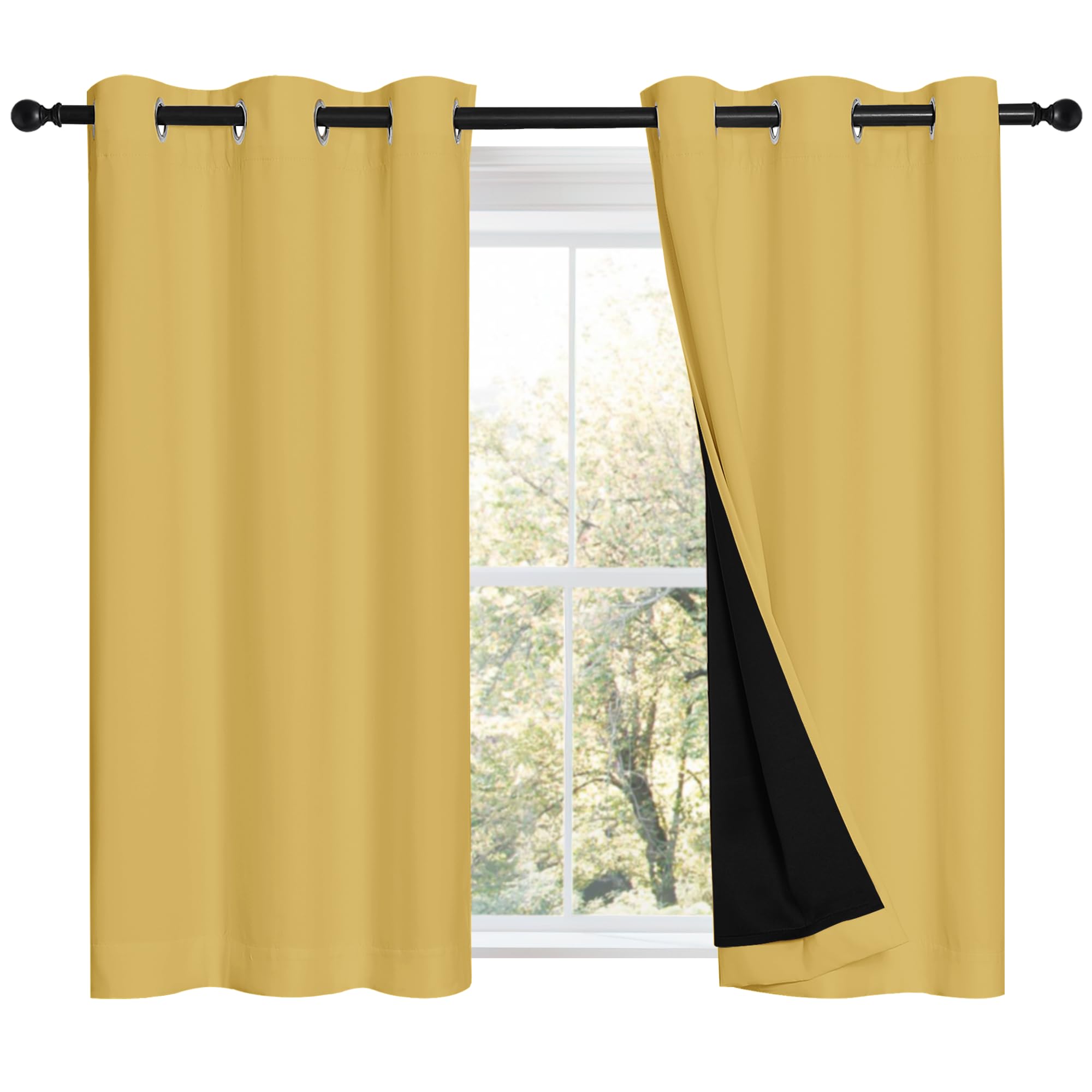 NICETOWN 100% Blackout Short Curtains with Black Liners, 2 Panels, 37" W by 40" L, Bright Yellow, Thermal Insulated Full Blackout 2-Layer Lined Drapes, Energy Efficiency Window Draperies for Bedroom