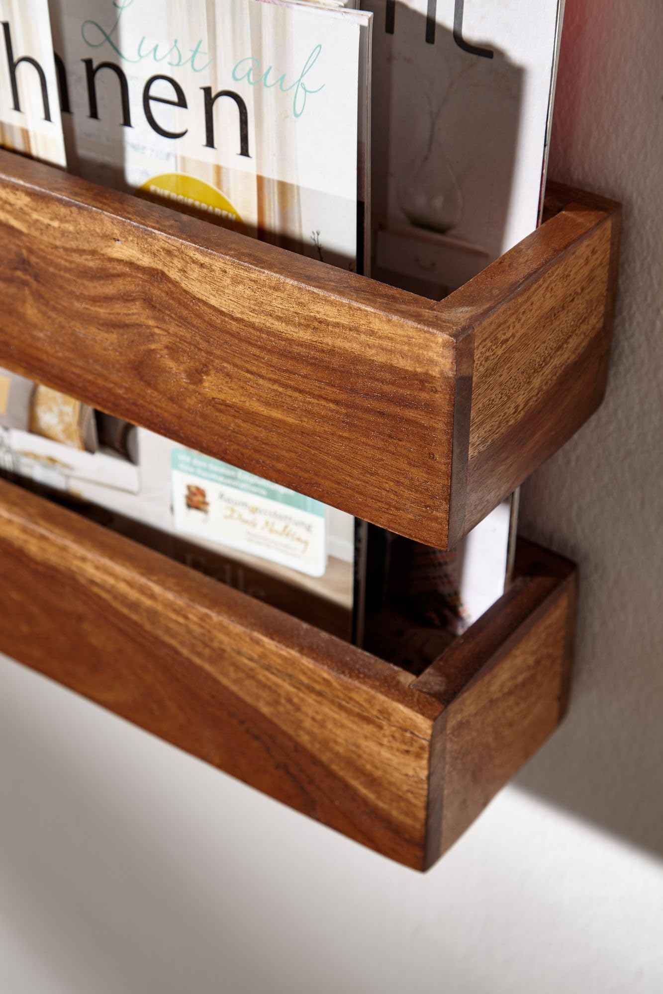 FineBuy Zeitungsständer Sheesham Massivholz 2 Ablagefächer Zeitschriftenständer Prospekthalter Landhausstil Material wählbar Braun