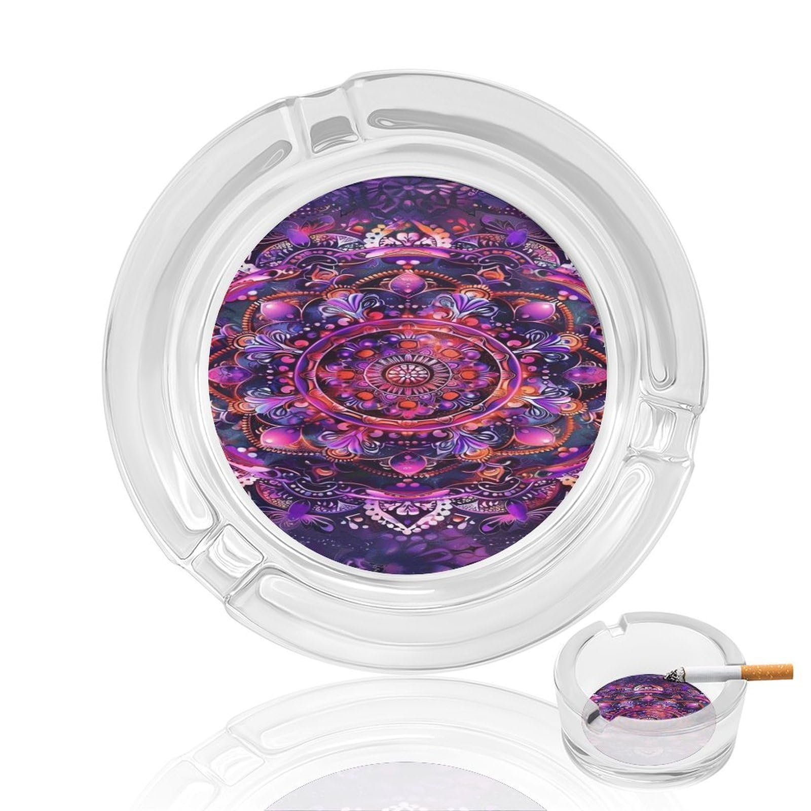 Colorful Mandala Pattern274 Glass Ashtray 3.3 Inch Round Cigarette Ash Holder with 4 Grooves for Home Office Outdoor One Size