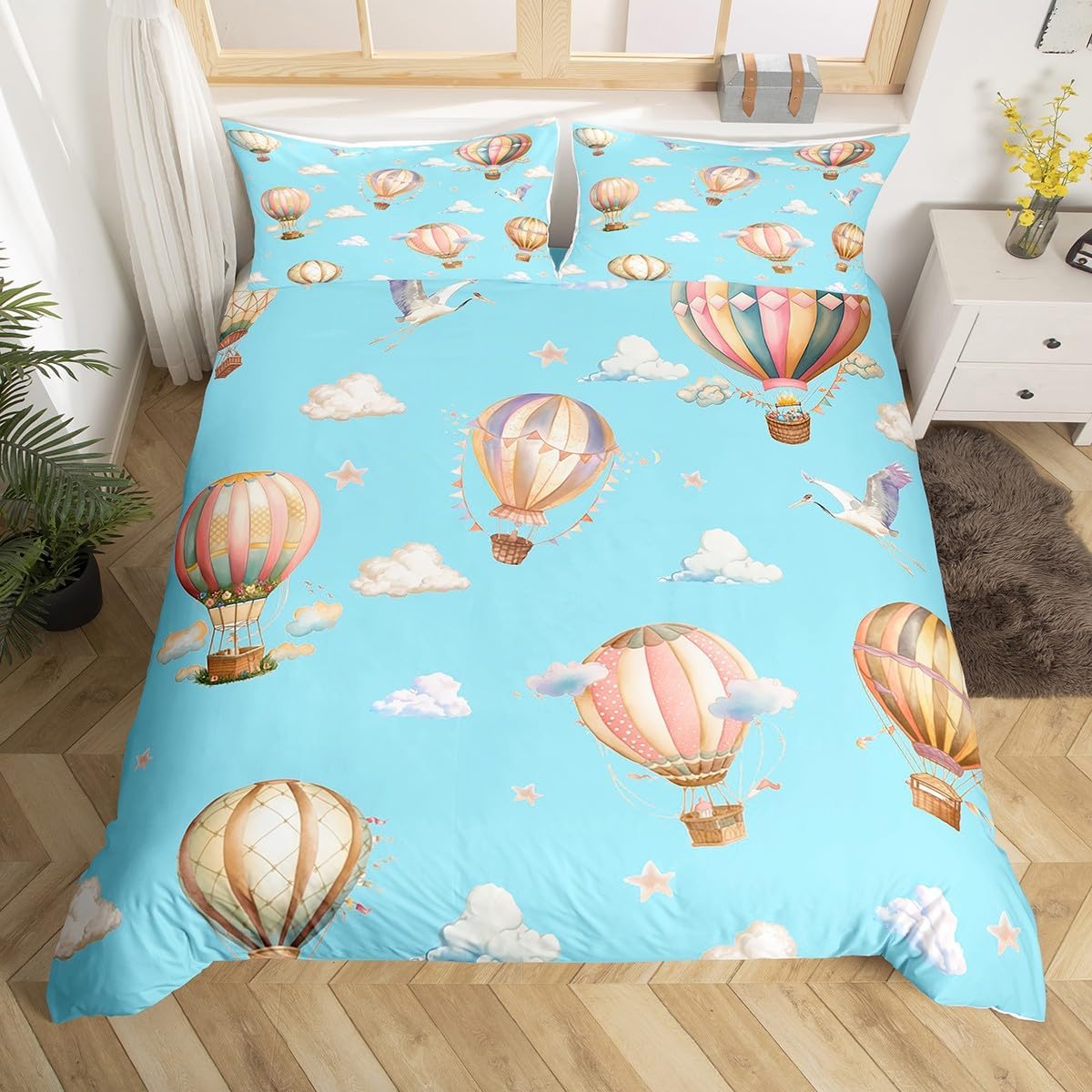 Hot Air Balloon Duvet Cover Set Twin Size,Cloud Starry Sky Cartoon Balloons Bedding Set,Boys Girls Room Decor,White Crane Bird Animal Comforter Cover,Beige Quilt Cover,1 Pillowcase(No Comforter)