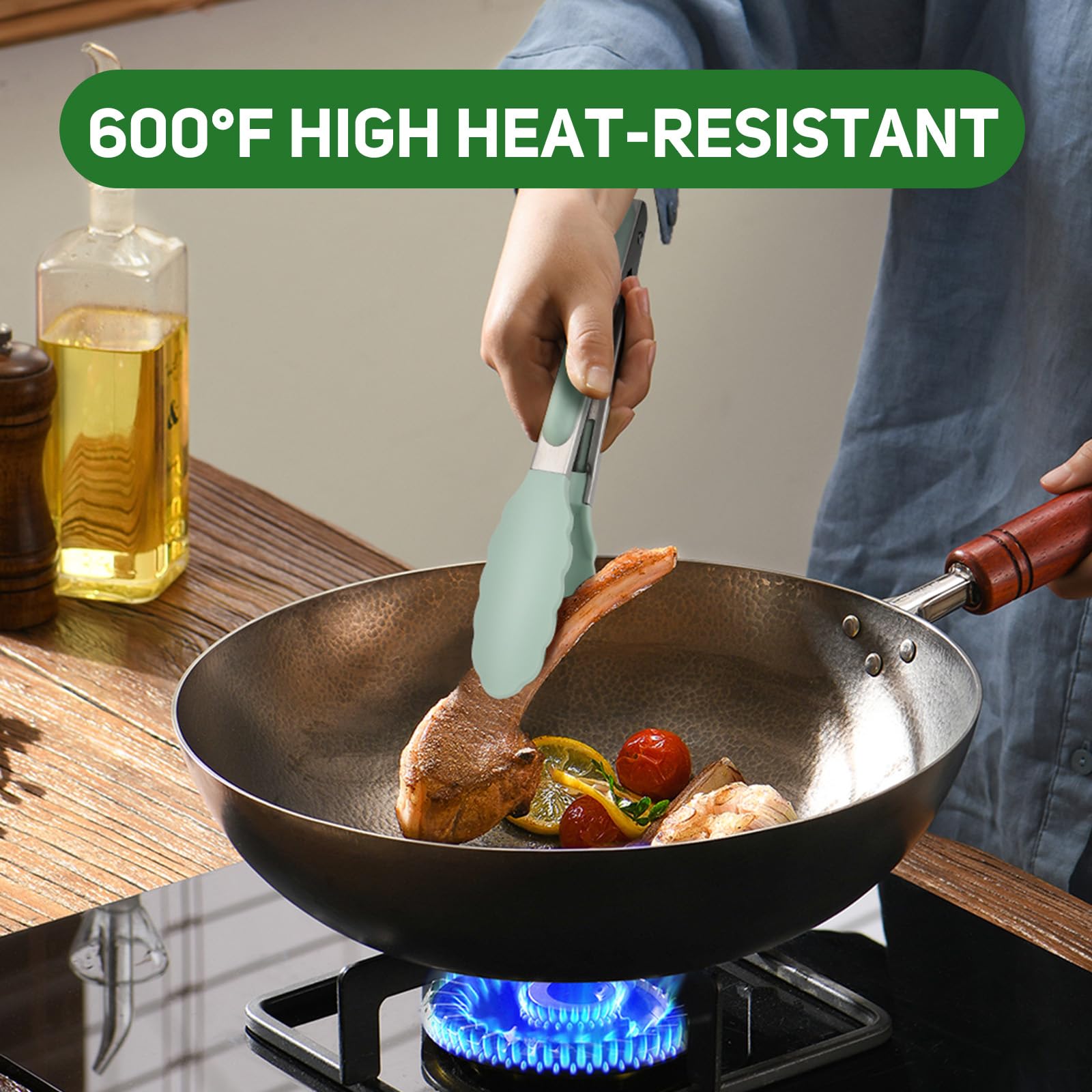Pinzas de cocina, acero inoxidable de silicona para cocinar 600ºF de alta resistencia al calor, pinzas de bloqueo para barbacoa, juego de 2-9 pulgadas y 12 pulgadas, color gris