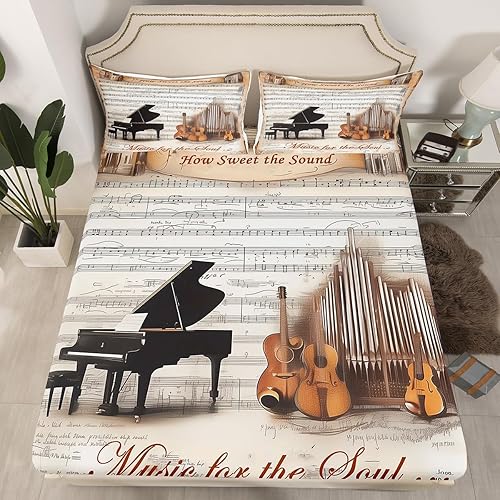 Castle Fairy Sábana bajera ajustable de violonchelo de piano tamaño matrimonial, sábanas de 3 piezas para niños y niñas, decoración de habitación de