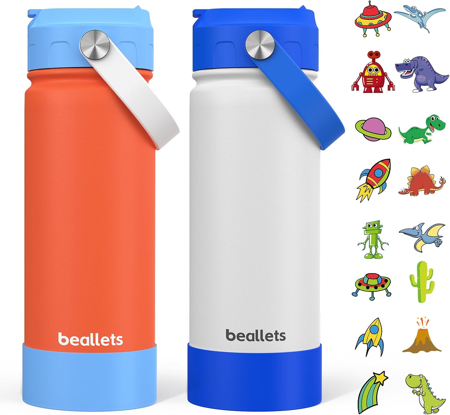 2-Pack Kids Water Bottle, 18oz Toddler Insulated Bottles with Stickers, 18/8 Stainless Steel Leak-Proof Kids Straw Cup for School, Gifts for Boy(BlueOrange + BlueWhite)
