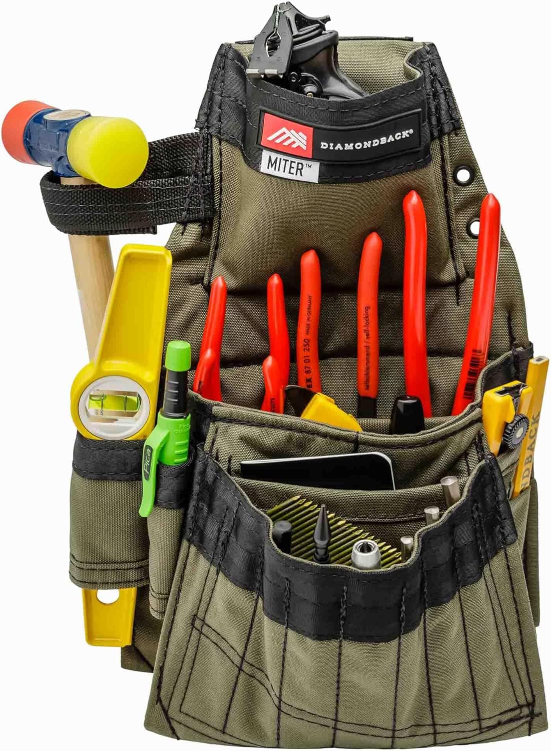 The Diamondback Miter Tool Pouch - Clip-On Tool Belt Pouch with 3 Pockets, 7 Slots, & 3 Loops- Lightweight - Durable Tool Pouch with Belt Clip 15.25"x10.25", 1 lb (Ranger Green) - Image 2