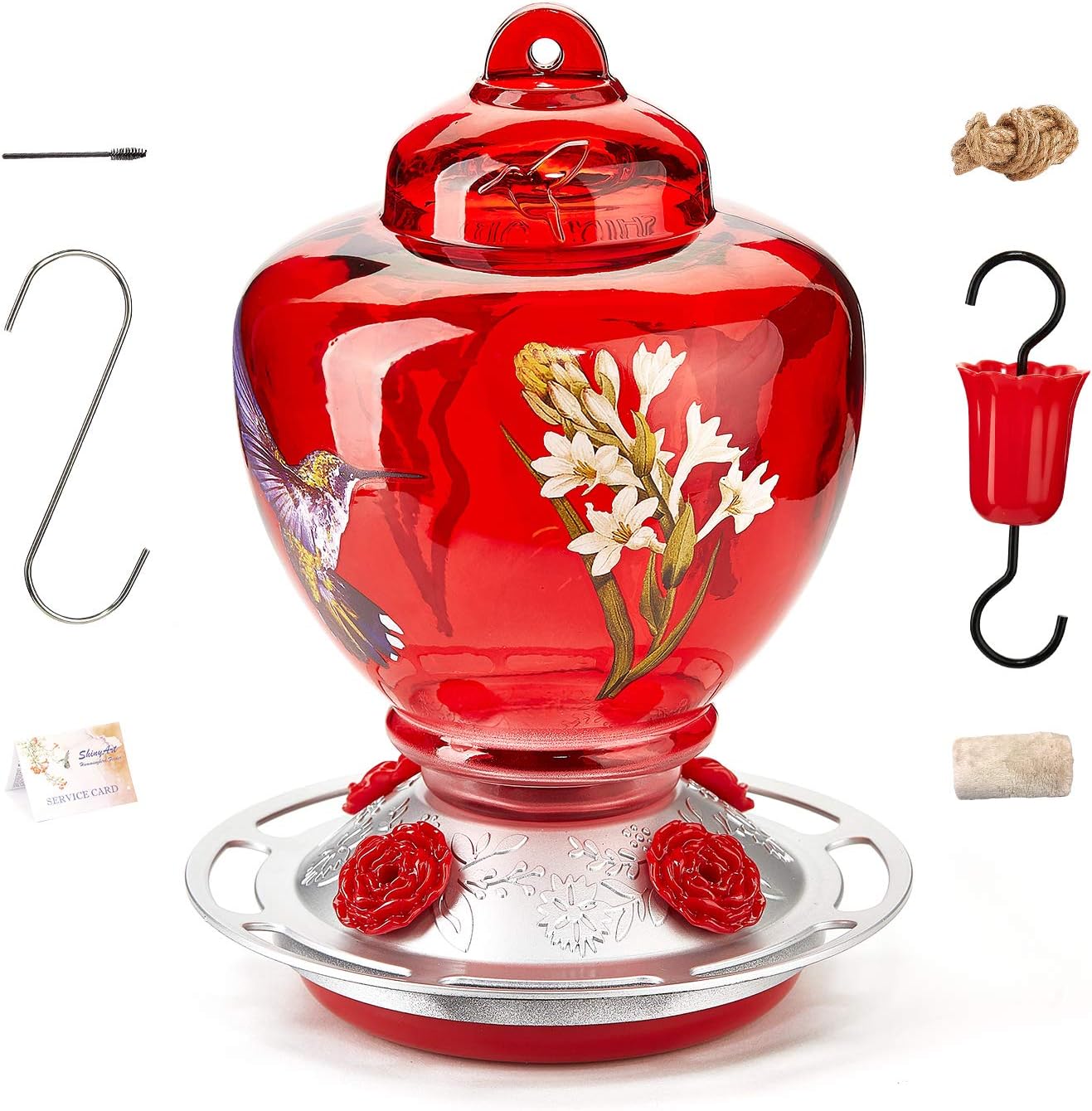 ShinyArt Hummingbird Feeder for Outdoors, 38 Ounces, Red Birds and Floral, Including Ant Moat, S Hook, Hemp Rope, Brush, Cleaning Rag and Service Card