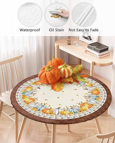 Miniatura 3 de Mantel redondo de calabaza de otoño con borde elástico, mantel ajustable estilo bohemio para mesas redondas, mantel retro de grano de madera a