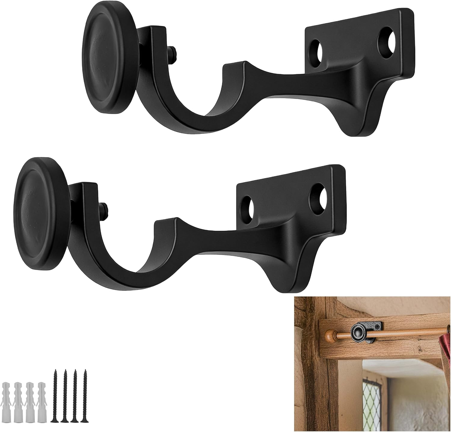 Mystic Colonial Medieval Cast Iron Curtain Rod Brackets (Set of 2) 3 Inch Adjustable Rustic Wall Mount Drapery Holders with Black Coating, Heavy Duty