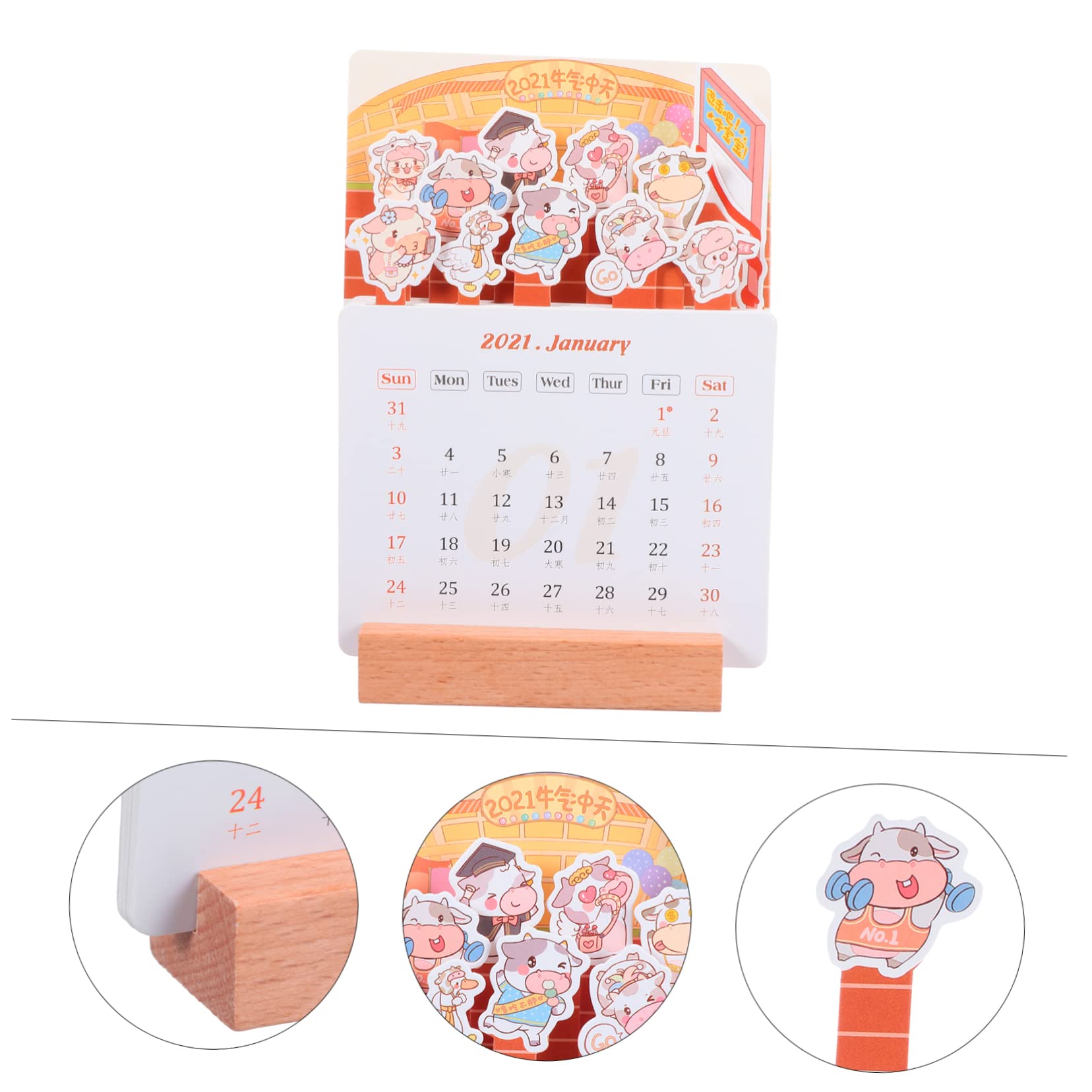 Blattgold-Wochenkalender,Wall Hanging Decoration, 2 Stück Tischkalender, monatlicher Tischkalender, Standkalender 2021, stehend, Klappkalender, Cartoon-Ochse, Tischstaffeleien for Malen, Papier, Kalen