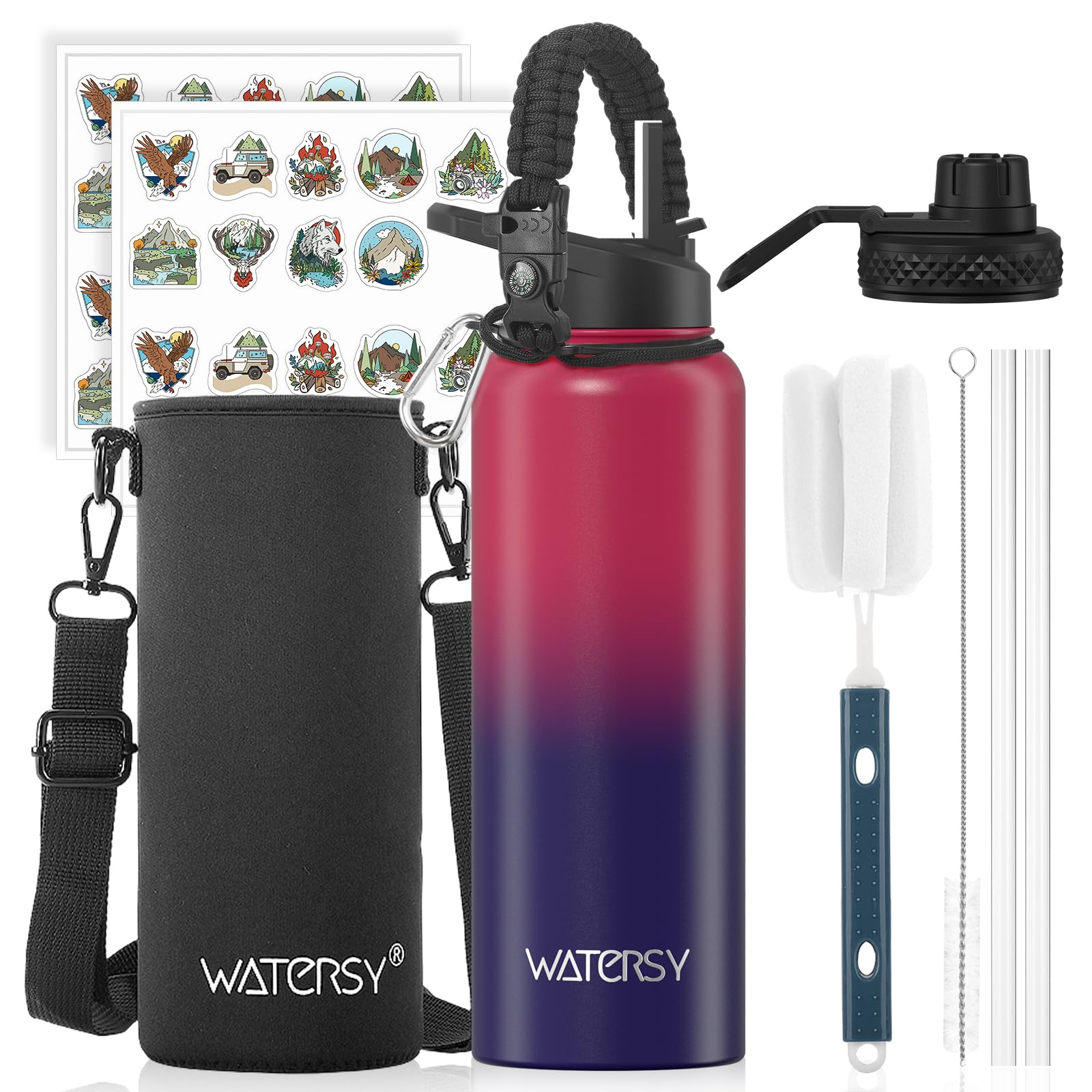 WATERSY Isolierte Edelstahl Thermosflasche 40oz Vakuumisolierte Trinkflasche mit 2 Deckel Auslaufsichere Wasserflasche 1200 ml Doppelwand Flasche Metall Sport für Sport, Schule
