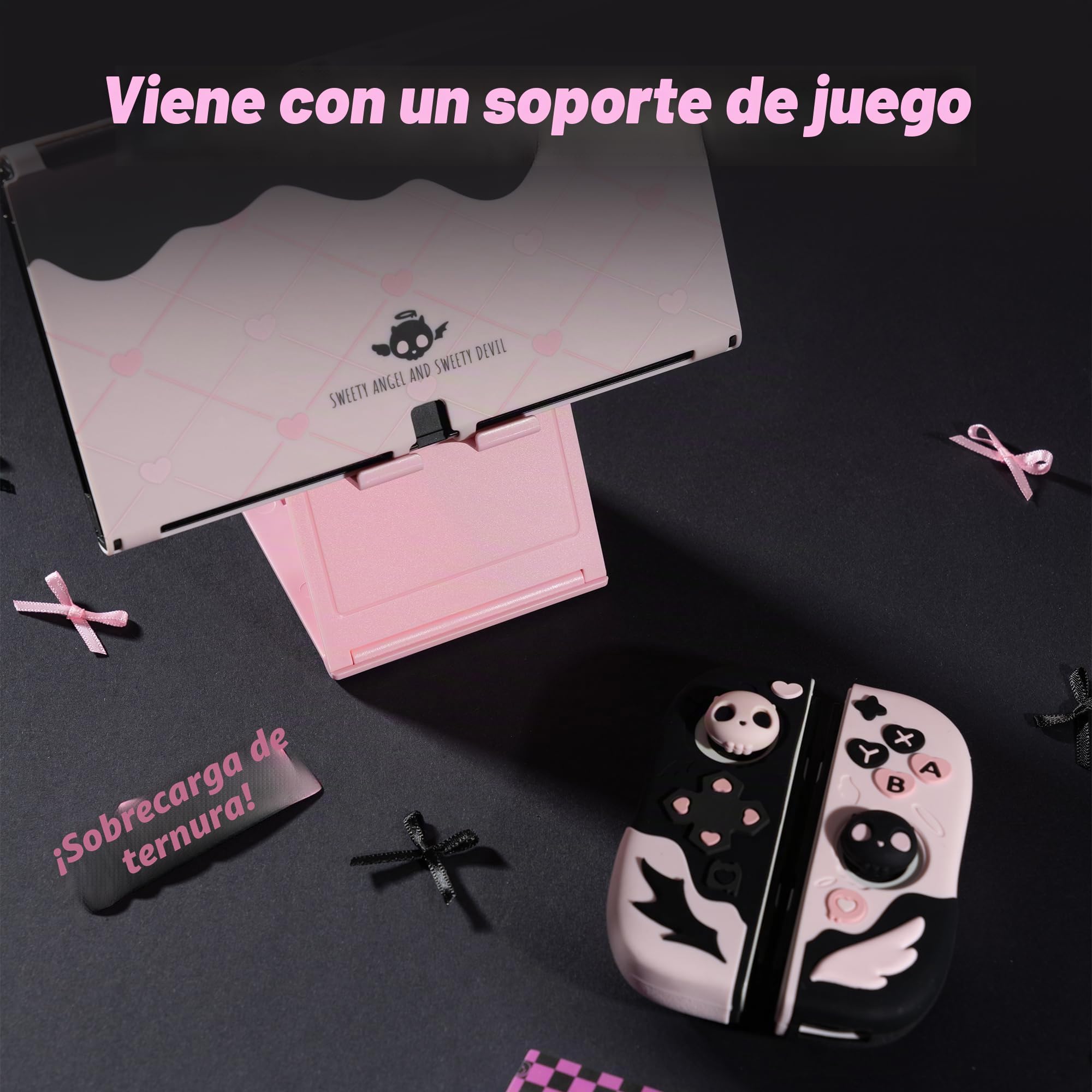 GeekShare Funda Protectora para Switch OLED, Funda de Silicona Blanda Separable para Joycon con 2 Tapas para el Pulgar - Sweetheart Skull