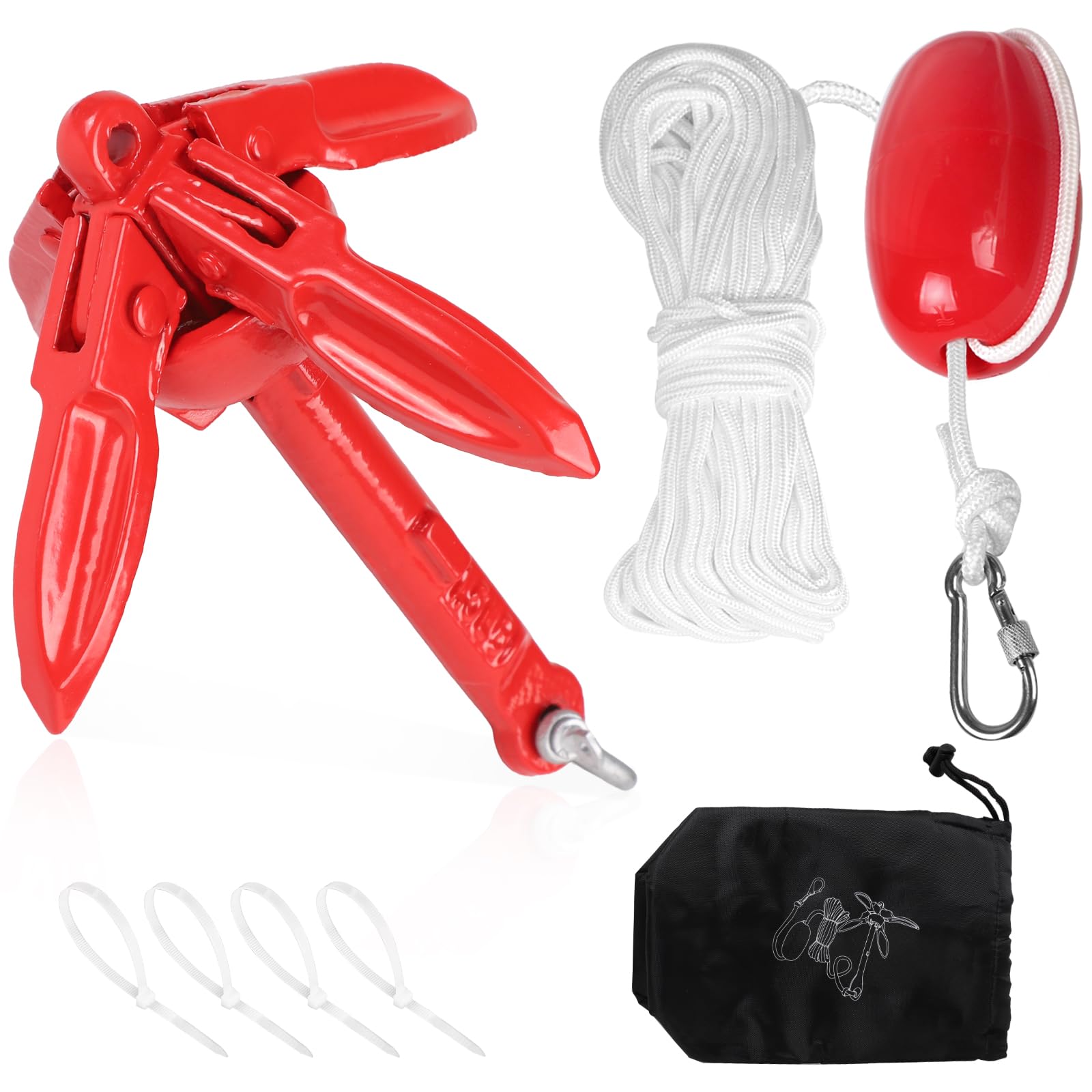 SWAWIS Anker Boot 0,7KG Bootsanker Bootszubehör Klappanker Sup Anker mit 20M Ankerleine Bojenkugel und Aufbewahrungstasche für Schlauchboot Belly Boot Tretboot Paddelboot, Rot