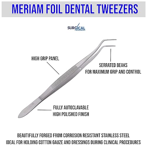 Miniatura 3 de SURGICAL ONLINE Meriam Foil Pinzas de algodón dentales Pico en ángulo dentado Alicates de apósito Pinzas de acero inoxidable Instrumentos dentales