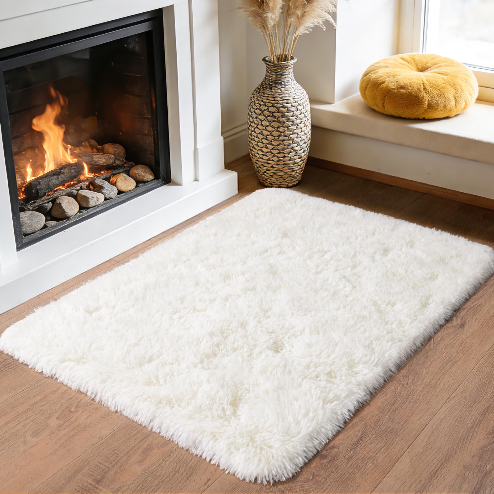 iEvery Small Rugs for Living Room 60x110 cm - Fluffy Shaggy Area Rug for Bedroom Beside Rug, Soft Non Slip High Pile Modern Floor Carpet for Kids Room, Cream White — image 1