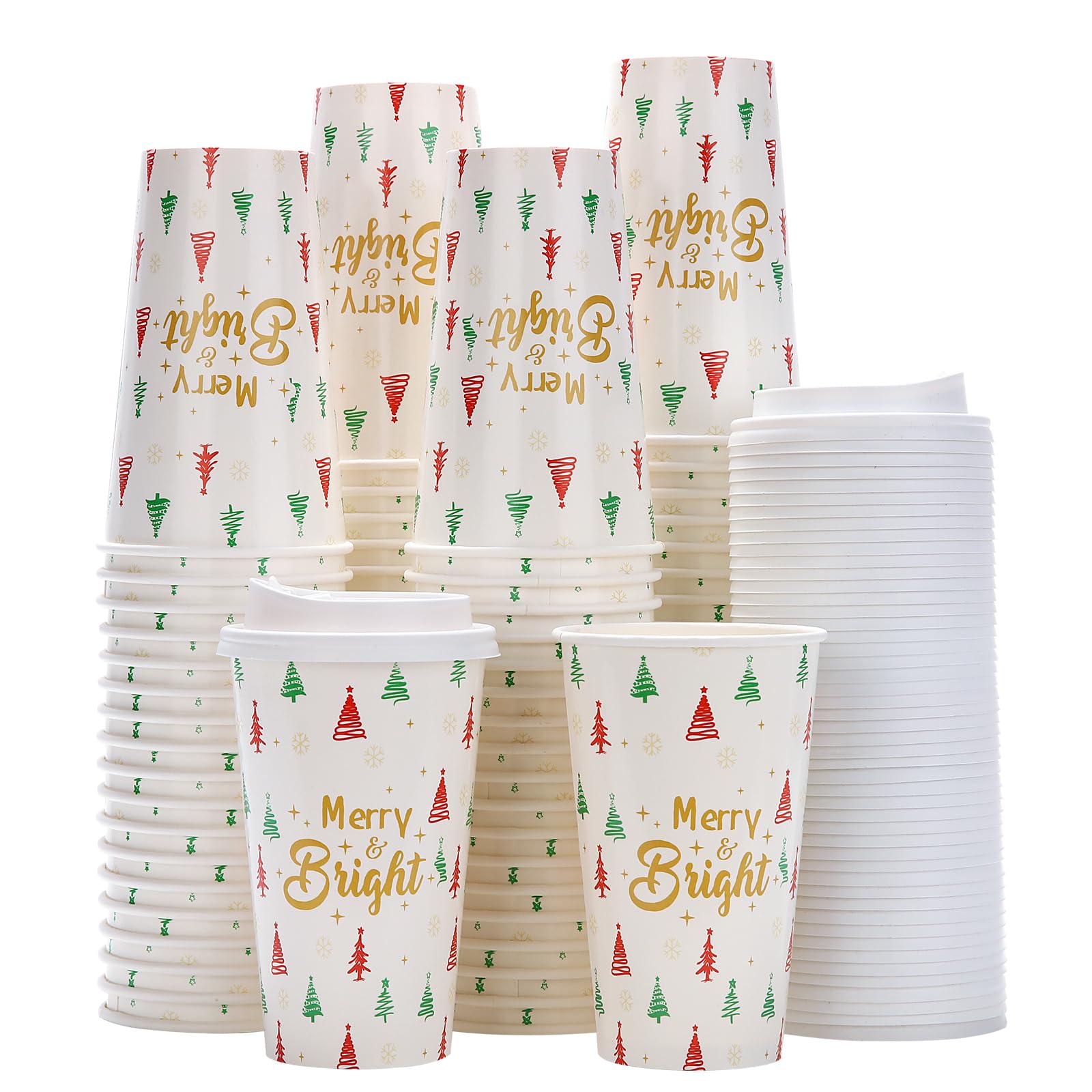 Photo 1 of *Box damaged* Tamone 100 PACK Christmas Cups 16OZ Disposable Coffee Cups with Lids Leak Proof, Green and Red Christmas Tree Design for Cold/Hot Coffee Beverage Chocolate Cocoa for Home Office