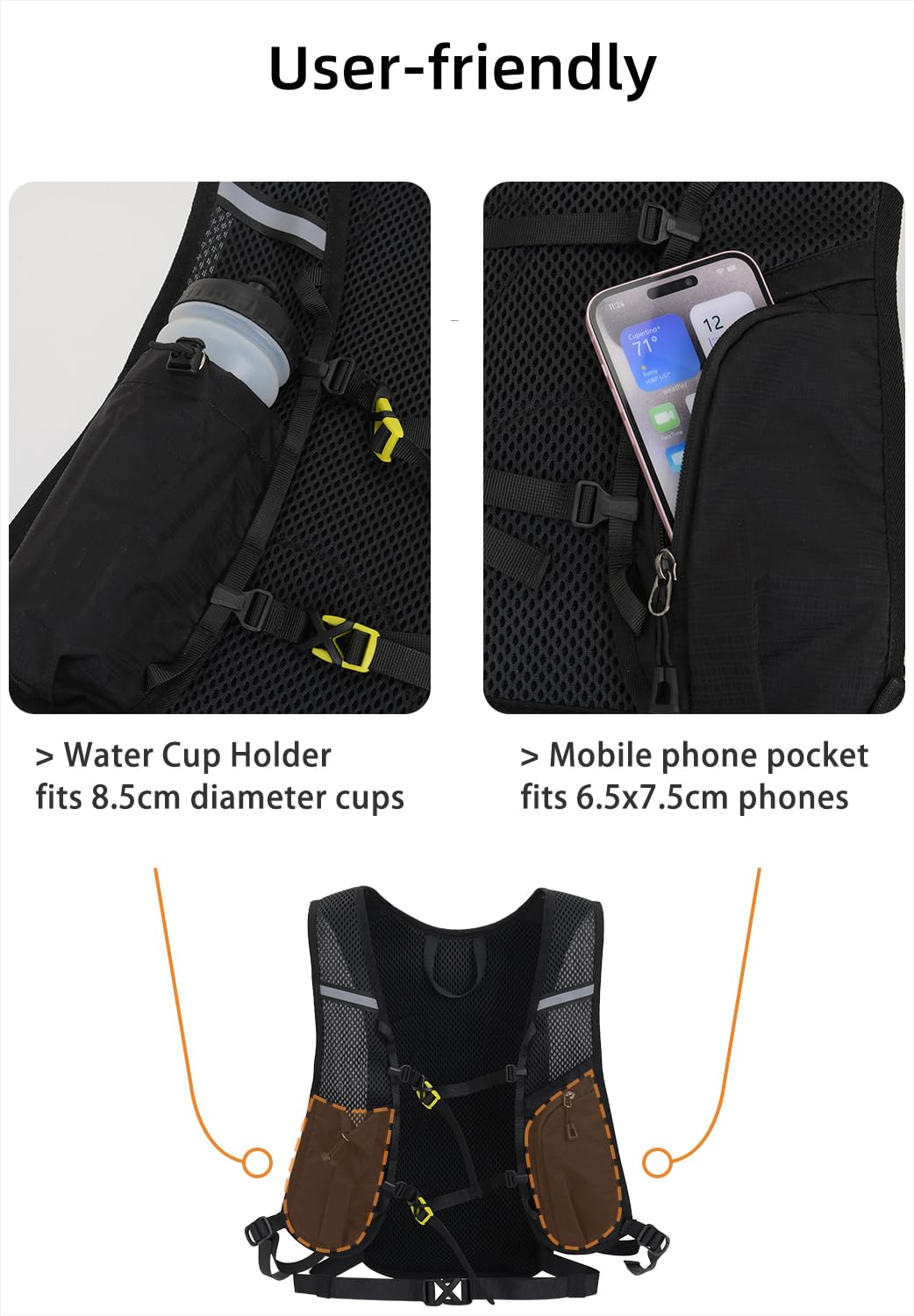 Leichter Wanderrucksack 15L, Fahrradrucksack klein, Trinkrucksack, geeignet für Speedhiking, MTB, Skifahren Outdoor-Sportarten. (Schwarz)