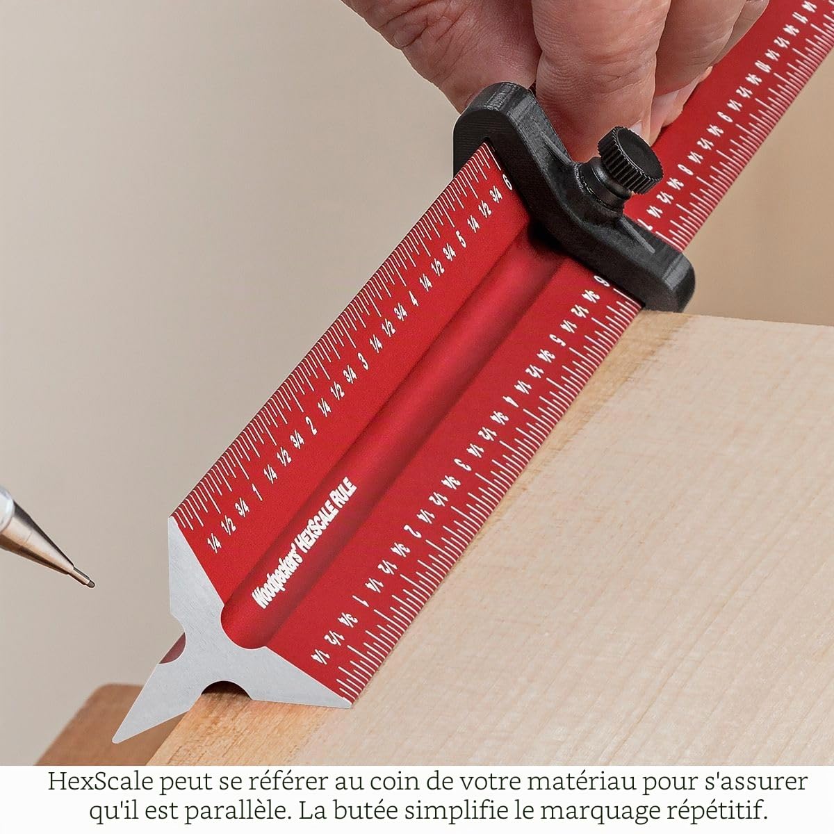 Woodpeckers Règle hexagonale 6 en 1 de 150 mm pour le travail du bois avec arrêt, pouces, échelles métriques et de centrage, mesure R2L et L2R, style architecte