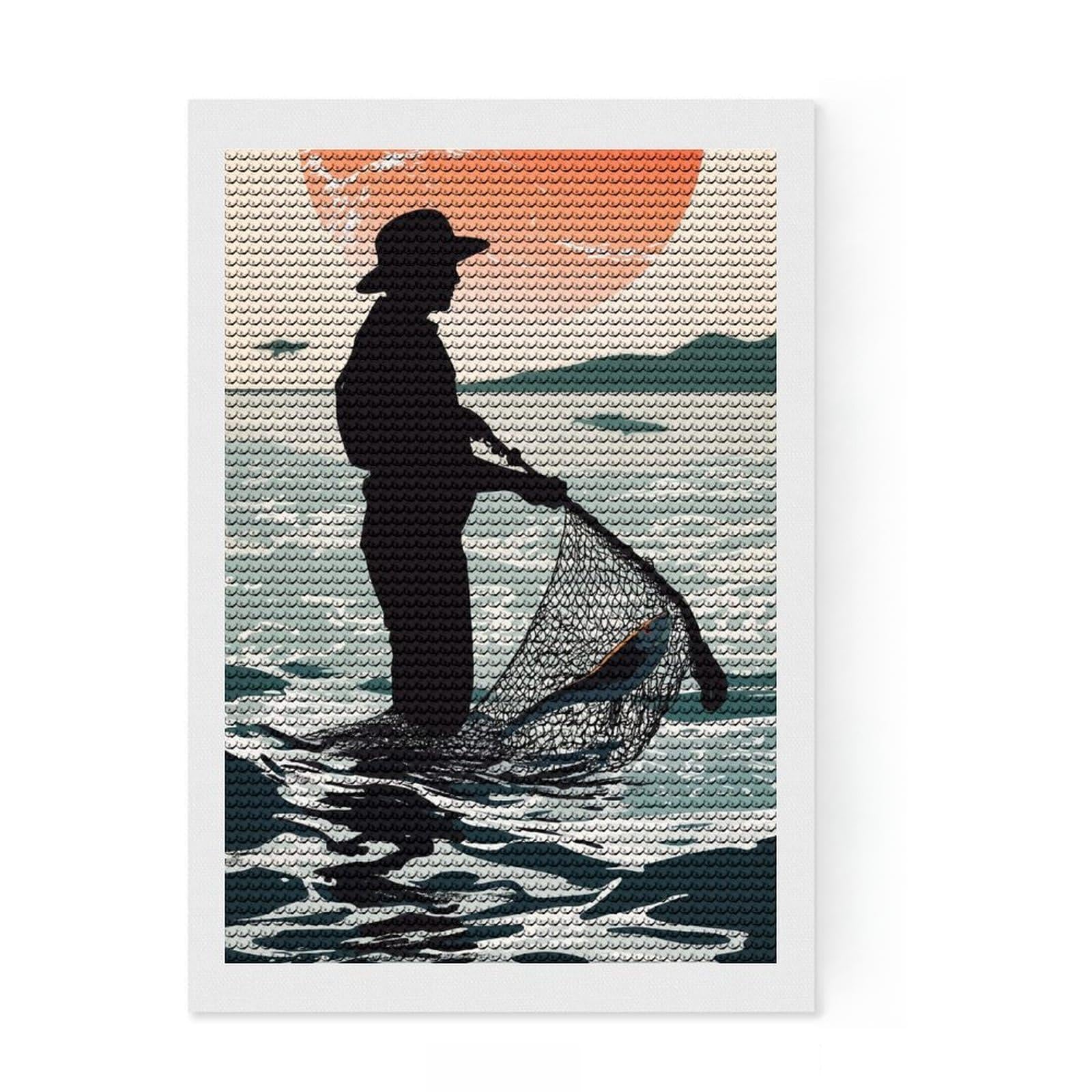 Junmoney Silhouette Fisherman with Catch 5D Diamond Painting Kit 8"x12", for Women, Farmhouse Decor, Boho Decor, Thoughtful Present, Relaxing DIY