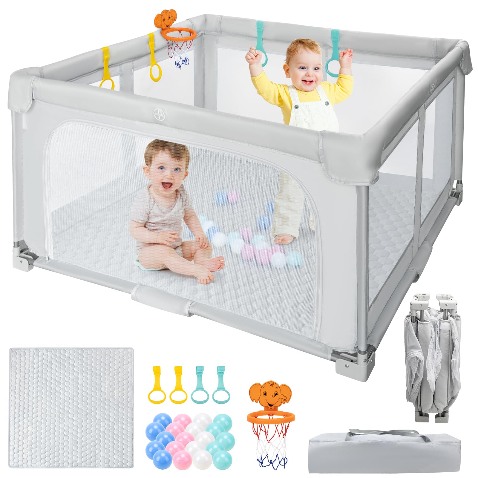 Jardín Plegable Bebé 127×127cm: Interior/Exterior – Bolsa, 20 Pelotas, 4 Anillos + Canasta, Colchoneta Espuma