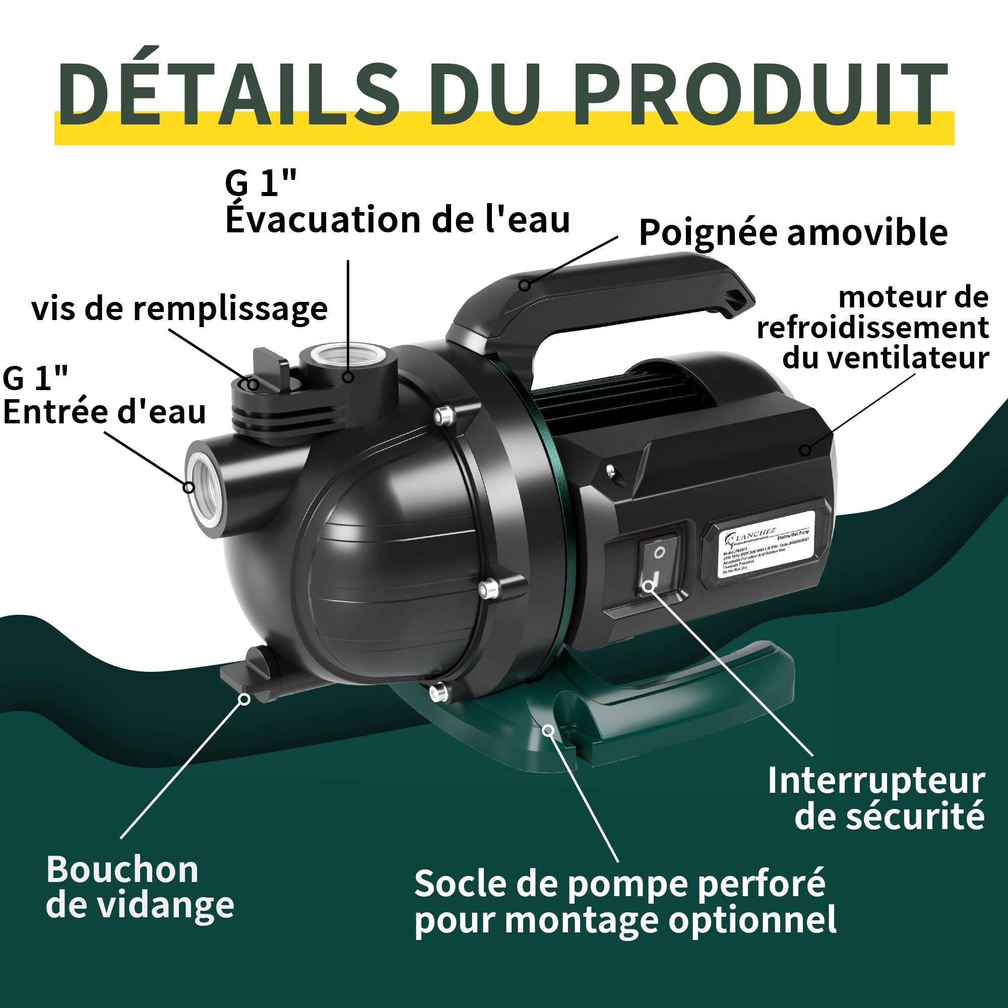 LANCHEZ Pompe de Jardin 4600 L/H, 600 W, Hauteur de Refoulement 36 m, Hauteur d'Aspiration 8 m, Poignée de Transport, Pompe à Eau pour Récupérateur d'Eau de Pluie, Citerne et Étang