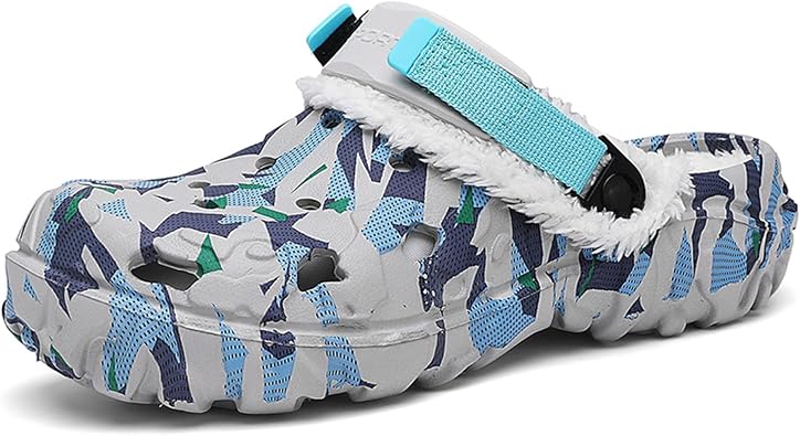 ihinzry Mens Clogs Fleece Lined with Arch Support & Removable Liner - Adjustable Heel Strap Non-Slip Indoor/Outdoor House Shoes Workshop, Garden, Camping Footwear for Winter