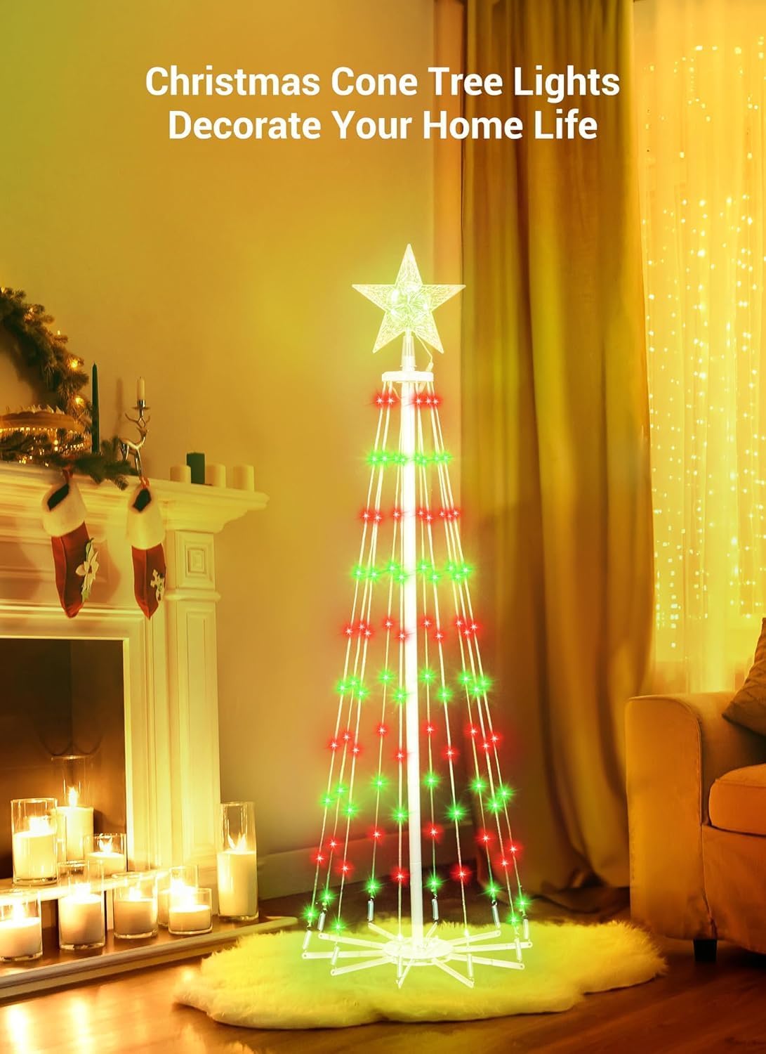 LED Christmas Cone Tree Light with Remote, 4 Feet 110 LED Outdoor Lightshow Christmas Tree with Star Topper, for Porch Yard Patio Indoor Decorations, Red & Green