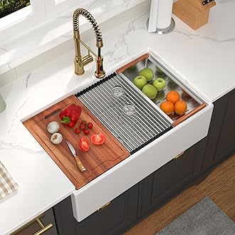 33 Inch White Farmhouse Sink - GhomeG 33 Inch White Fireclay Apron Front Kitchen Sink Single 10 Inch Deep Ceramic Farm Farmer Style Workstation Basin 33x20x10