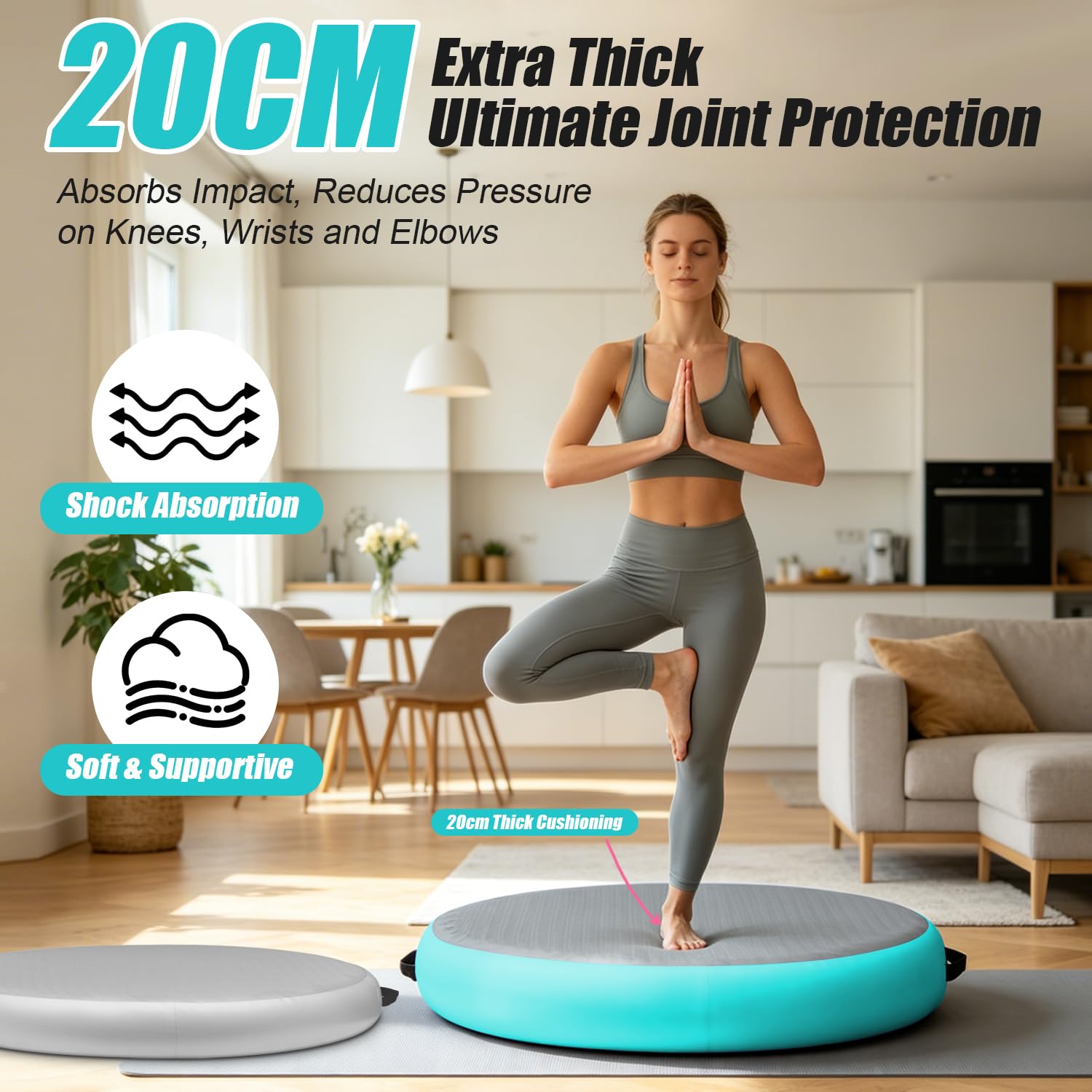 Tappetino gonfiabile rotondo da 1 m, spessore 20 cm, per ginnastica, ginnastica, uso domestico, allenamento, cheerleading, yoga, divertimento in acqua