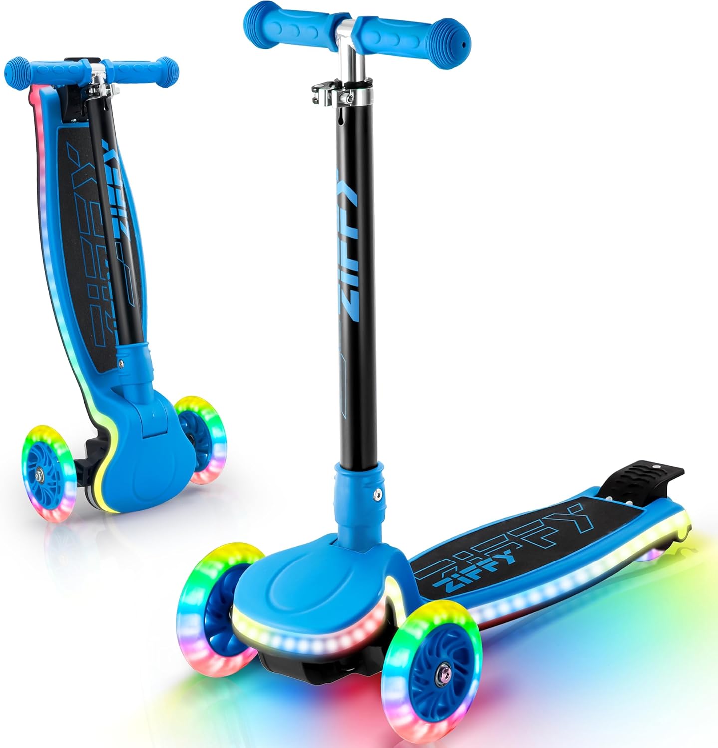 ZIFFY 3-Wheel Light-Up Toddler Scooter for Kids 3-8, Kids Scooter for Boys Girls with 20 Dynamic LED Lights, 4 Adjustable Height Balance Kick Scooter 110LBS, Lean-to-Steer Anti-Slip Wide Deck by JOVA Blue