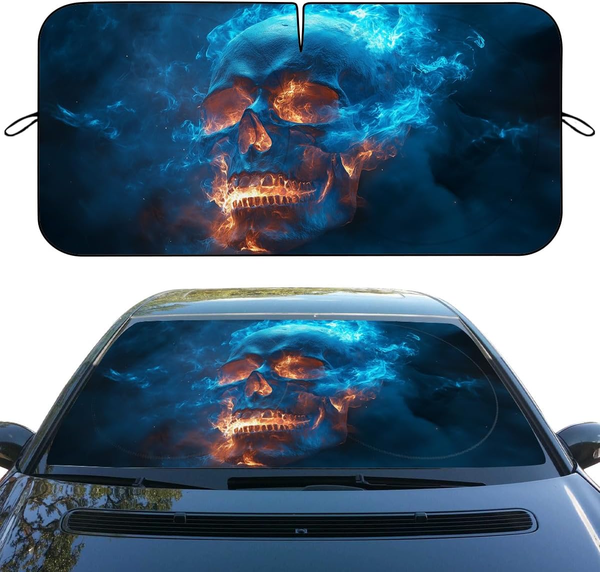 Skull Car Windshield Sunshade Folding Blue Flame Gothic Dark Aesthetic Front Window Car Sun ​Shade Windshield Rays Sun Shade Visor Protector for Car Sedan Truck SUV Accessories 59" L x 31.5" W