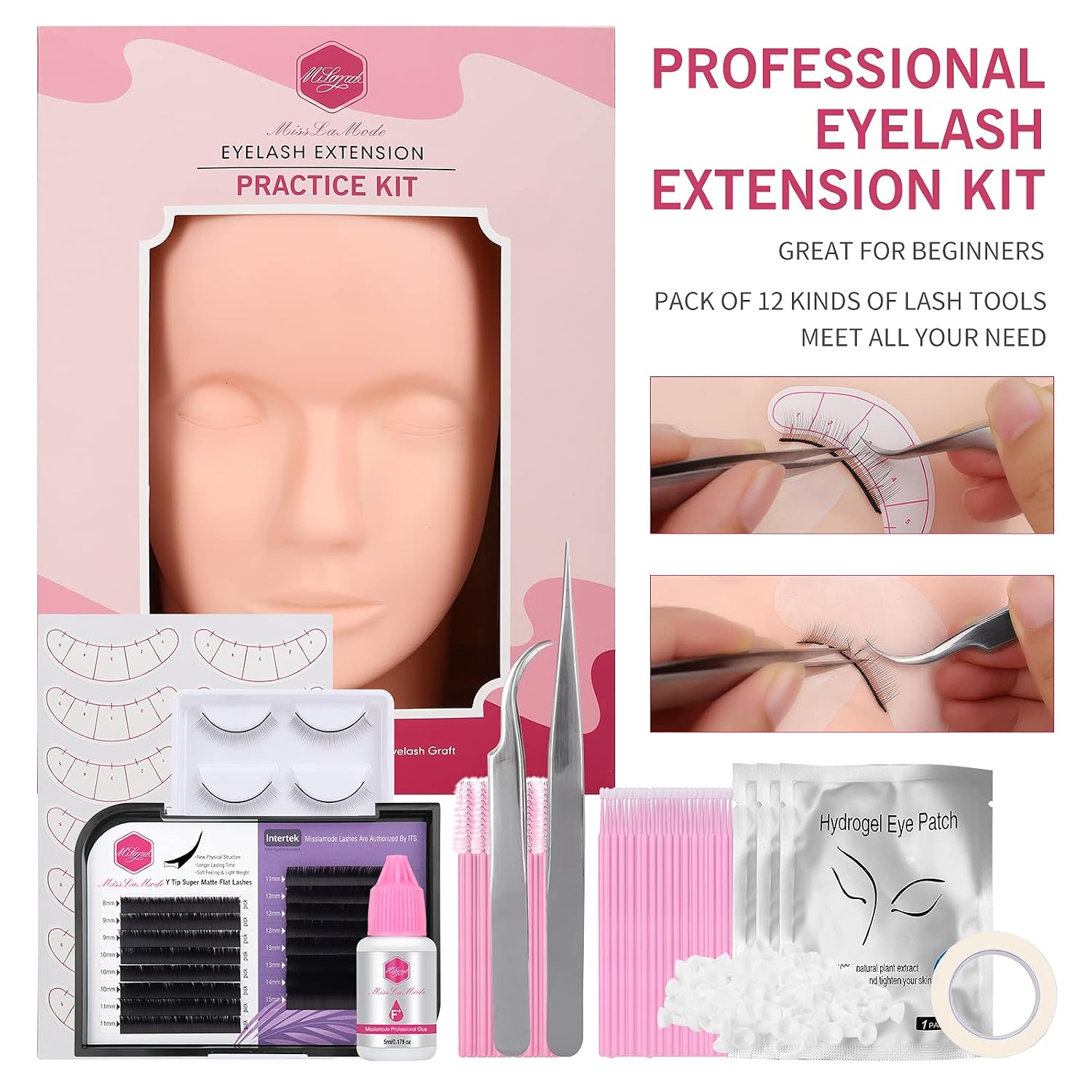 MIILAMOD Eyelash Extension kit,Lash Kit For Eyelash Extensions,Lash Mannequin Head,Professional Mannequin Head Training For Beginners Eyelashes Extensions Practice Exercise Set