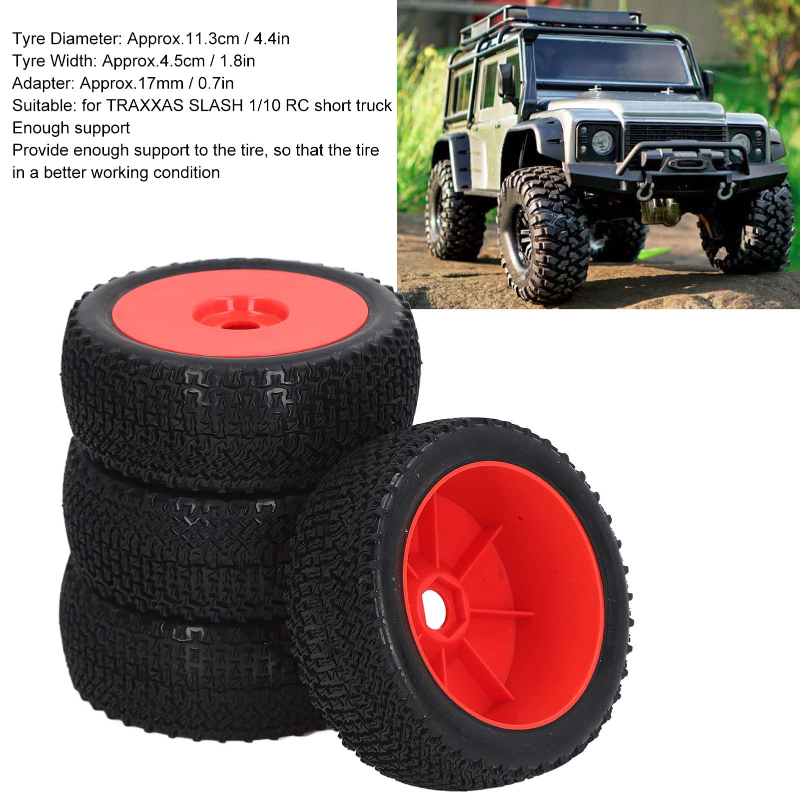 Opony samochodowe RC X600 Bieżnik Wysokiej jakości gumowe plastikowe opony zamienne do TRAXXAS SLASH 1/10 RC Short Truck Zestaw 4 sztuk z adapterami W zestawie nakrętki i klucz (Czerwony)