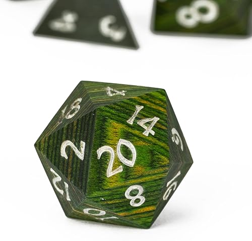 Miniatura 3 de Juego de 7 dados DND poliédricos de madera verde con caja de metal para juegos de rol de Calabozos y Dragones MTG (rayas verdes hierba)