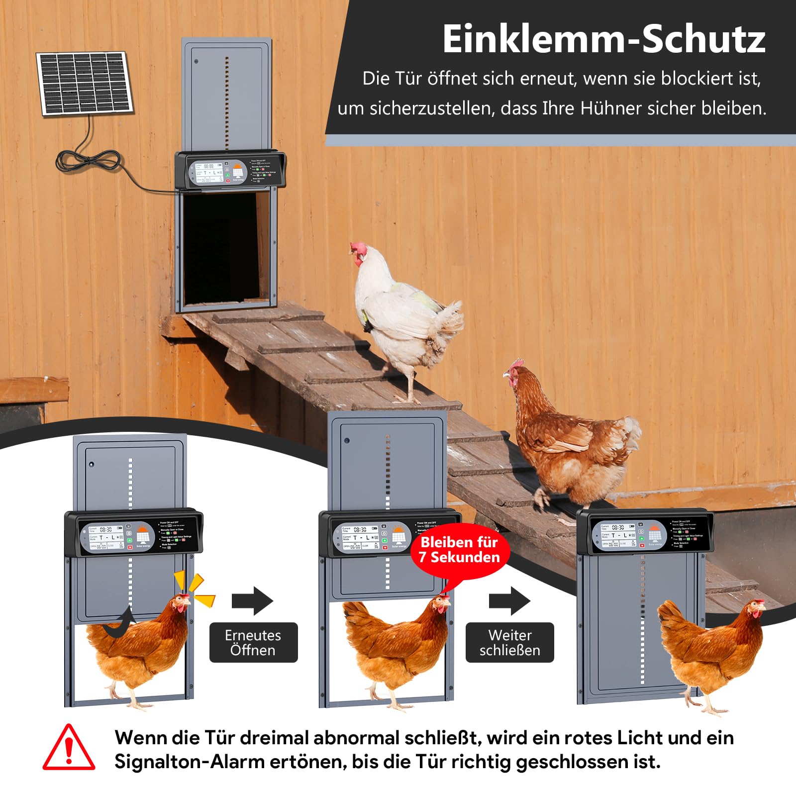 Automatische Hühnerklappe Solar, CHAMUTY Aluminum Elektrische Hühnerklappe Automatisch mit LED Display, Lichtsensor, Timer, Fernbedienung, Hühnerstalltür, Grau
