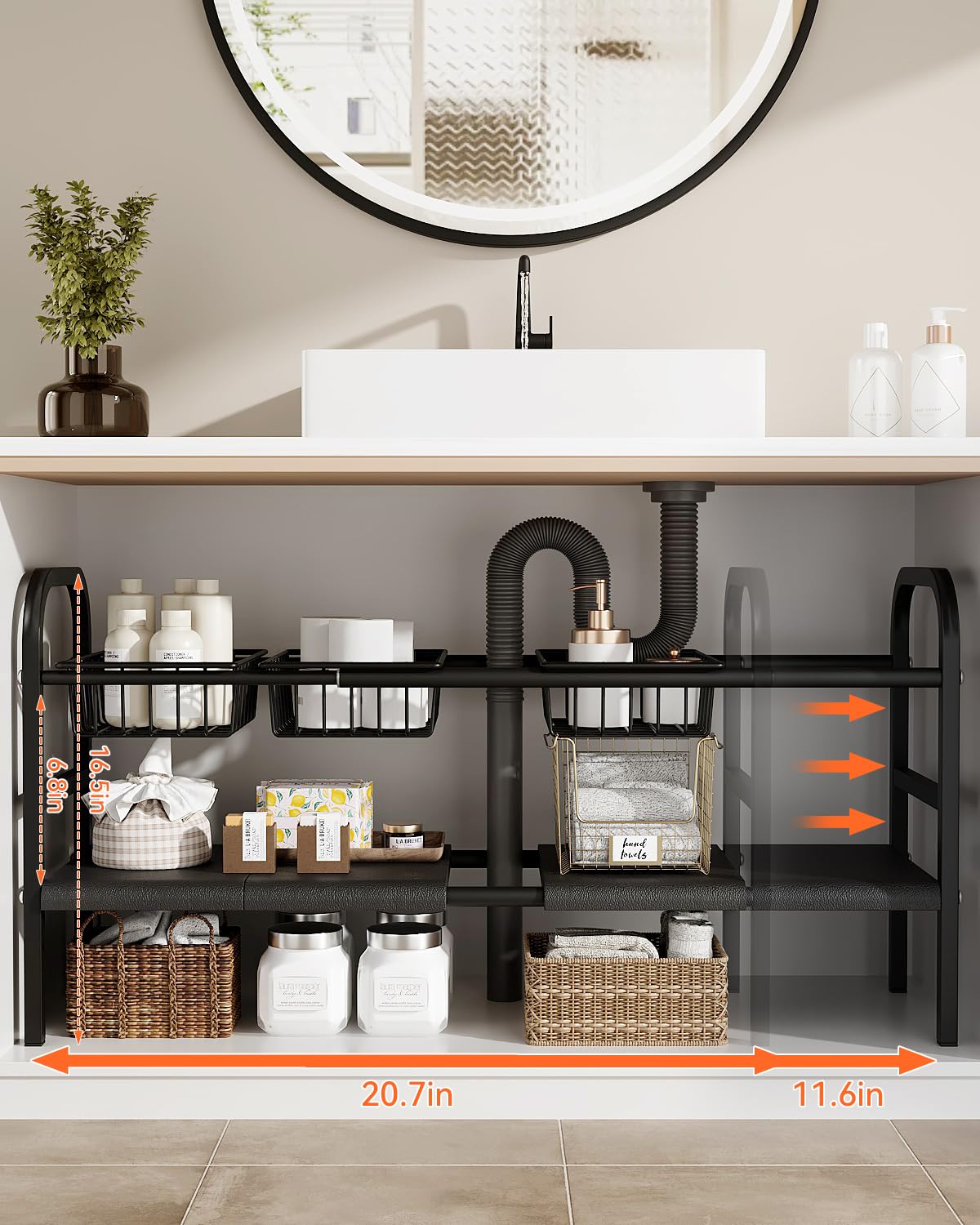 SUNZOS Organizzatori sotto il lavandino, confezione da 2 organizer espandibili per armadietto, con 4 pannelli rimovibili e 3 cesti, organizer da sotto il bancone, per cucina, bagno, scarpiera