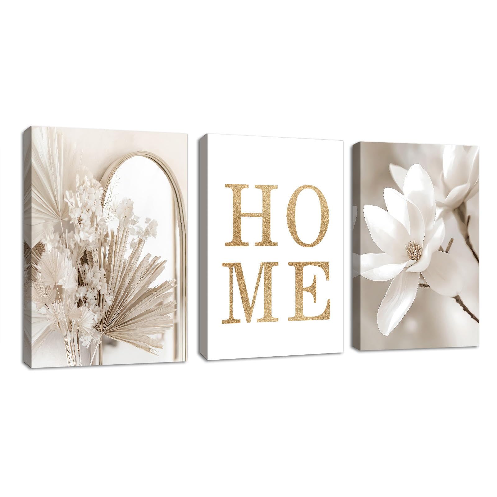 3 Pcs Boho Home Beige Canvas Wall Art Set, Modern White Magnolia Framed Wall Painting Nordic Minimalism Beige Cattail Wall Pictures Poster Art Prints Decor for Bedroom Living Room Office 50x70cmx3 — image 1