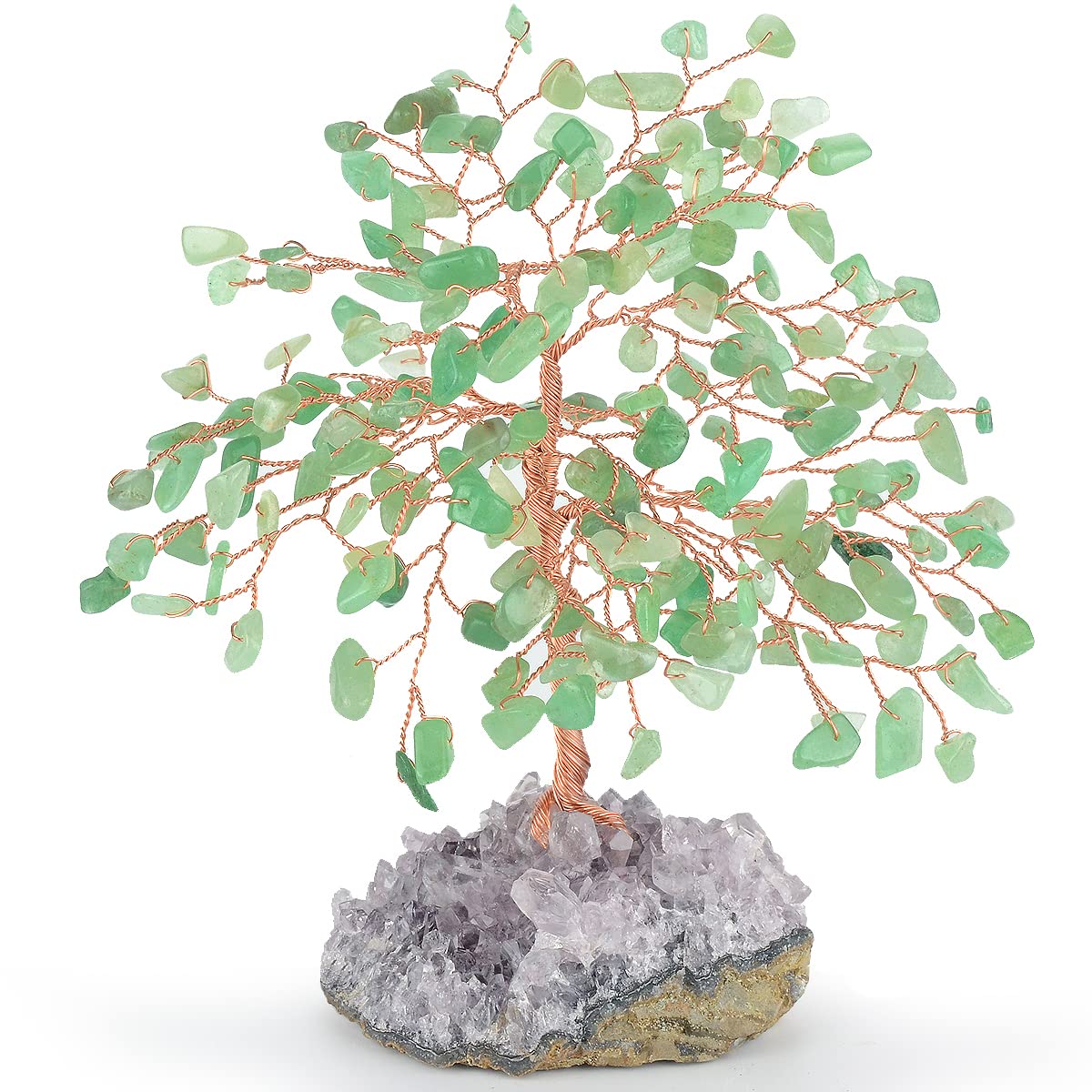 MASGEMES Handmade Chakra Gemstone Crystal Tree, Natural Green Aventurine Tree with Row Amethyst Cluster Base,Feng Shui Bonsai Money Tree for Luck and Wealth 5.5"-6.3"
