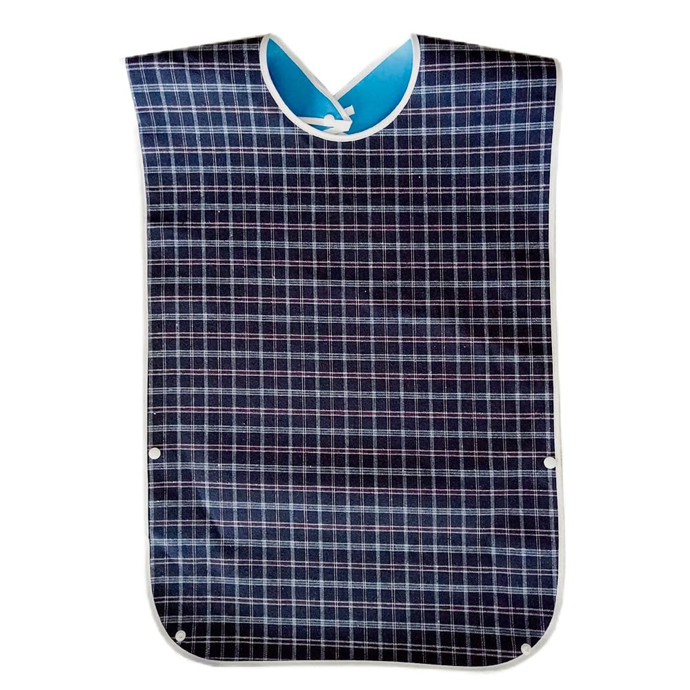 Easylife SpillGuard Adult Bib (Check) Full-Length Waterproof Bib Shirt Protector with Press-Stud Fastening (L90xW43cm) Anti-Bacterial Wipe-Clean Polyester Adult Bibs for Women & Men - Fully Guaranteed
