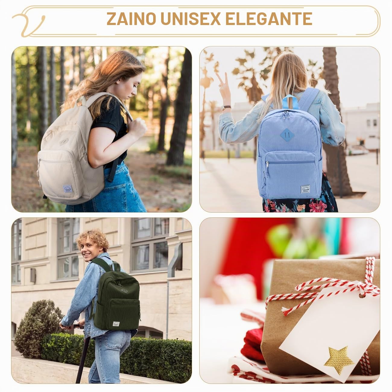 VASCHY Zaino Unisex in Velluto a Coste, Leggero Zaino Scuola Media e Superiore con Tasche Multiple e Scomparto Imbottito per Laptop 15,6 pollici Verde Scuro