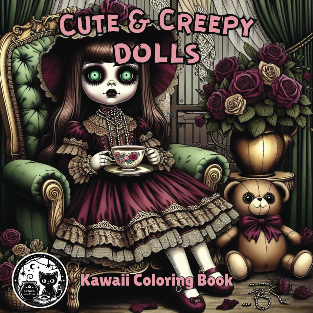 Cute & Creepy Dolls Gothic Kawaii Coloring Book for Kids, Teens, and Adults: Spooky Cutie Goth Coloring Pages with Black Background for Relaxation (Cute and Creepy)
