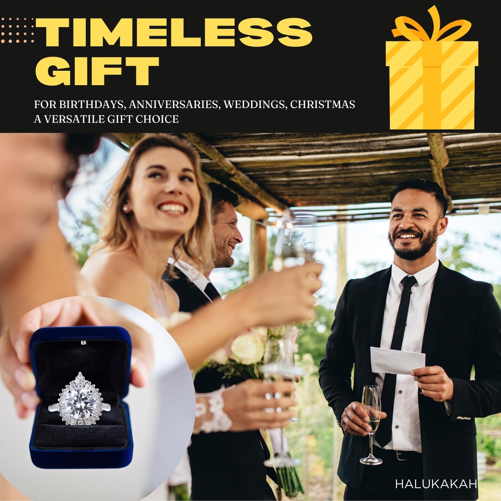 HALUKAKAH Anillo para Mujer con Moissanita D3,0 ct Plata de Ley 925 Baño en Platino con Certificado,Diamantes de Laboratorio Etéreos en Redondo Engaste Garras,para Compromisos,Bodas,Talla Ajustable