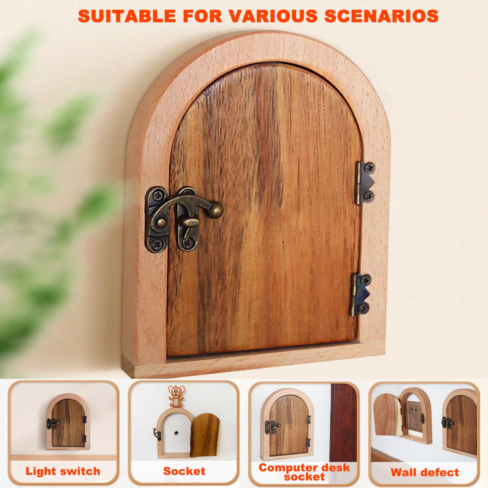 Fairy Door Outlet Cover Plate,No Punching Required Outlet Covers for Baby Proofing, Light Switch Cover Guard,100% Handmade Wooden Door Shaped Electrical Outlet Cover, Protects Children and Pets